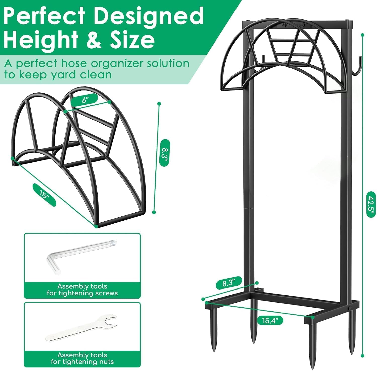 TomCare Garden Hose Holder 4 Spikes Garden Hose Reel Hose Stand Upgrad