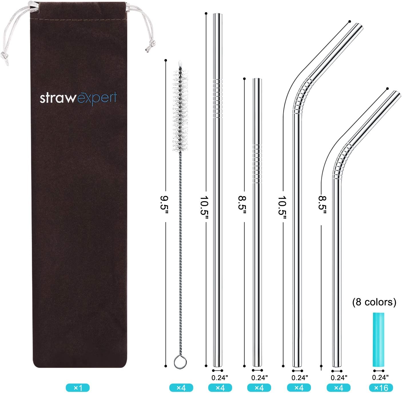 Set of 16 Reusable Stainless Steel Straws with Travel Case Cleaning Brush Silicone Tips Eco Friendly Extra Long Metal Straws Drinking for 20 24 30 oz Tumbler