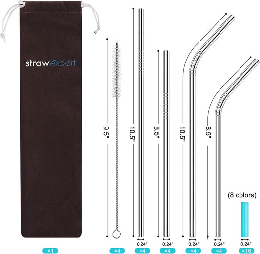 Set of 16 Reusable Stainless Steel Straws with Travel Case Cleaning Brush Silicone Tips Eco Friendly Extra Long Metal Straws Drinking for 20 24 30 oz Tumbler
