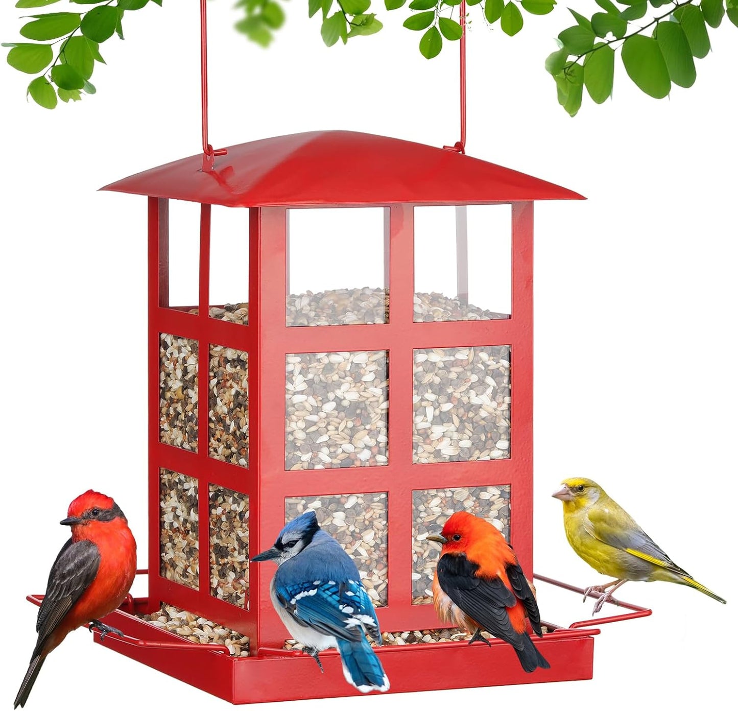 Bird Feeder, Heavy Duty Metal Bird Feeders for Outdoor Hanging, Retro Red House Wild Birdfeeder, Rainproof & Waterproof, 4 LBs Large Capacity