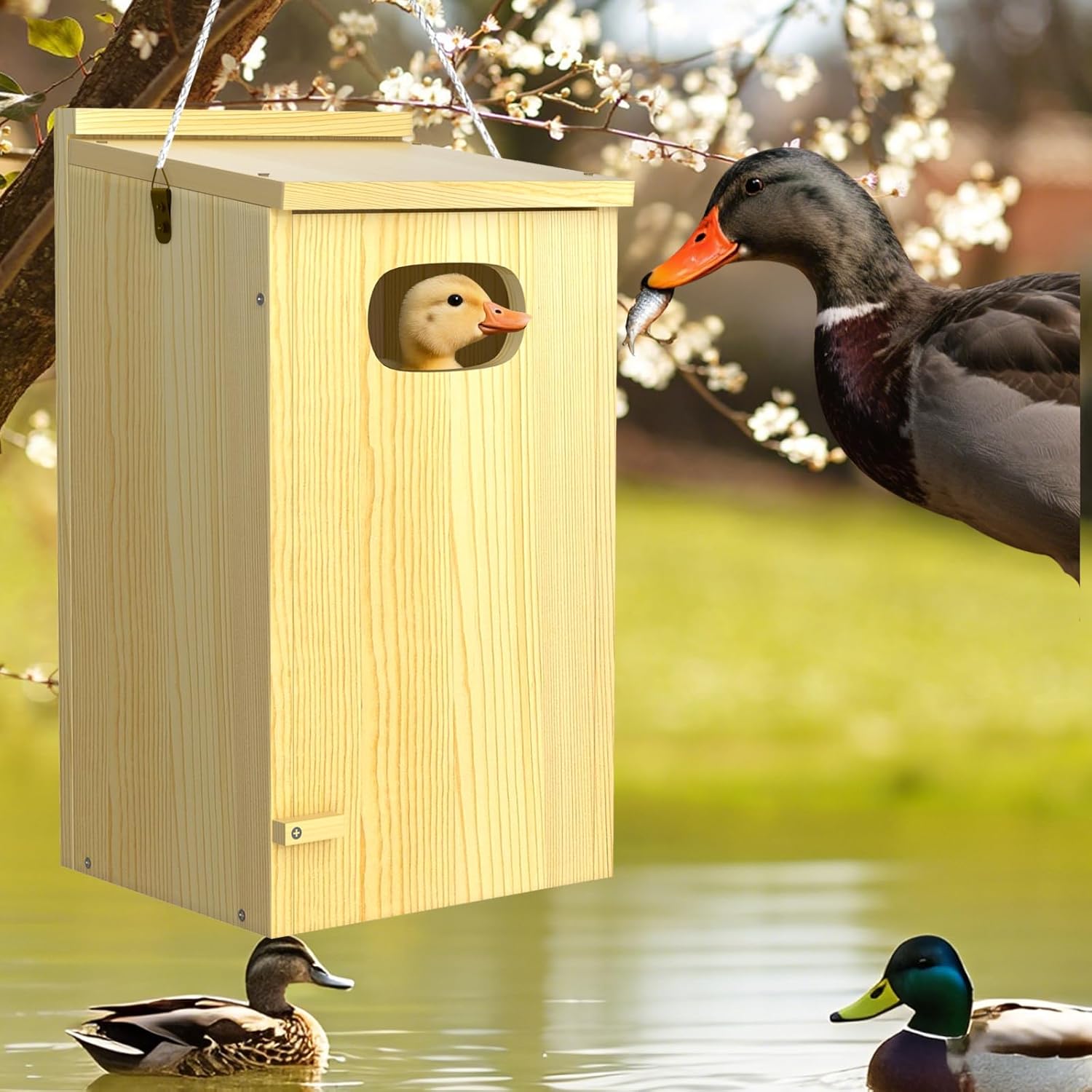 Duck House, Solid Wood Duck Houses for Outside, Included Hanging Rope,