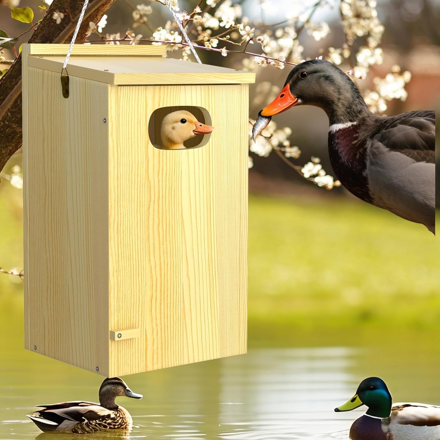 Duck House, Solid Wood Duck Houses for Outside, Included Hanging Rope, Outdoor Duck Nesting Box for Pond, 22" H x 10" D x 10" W, Nesting Pads Not Included