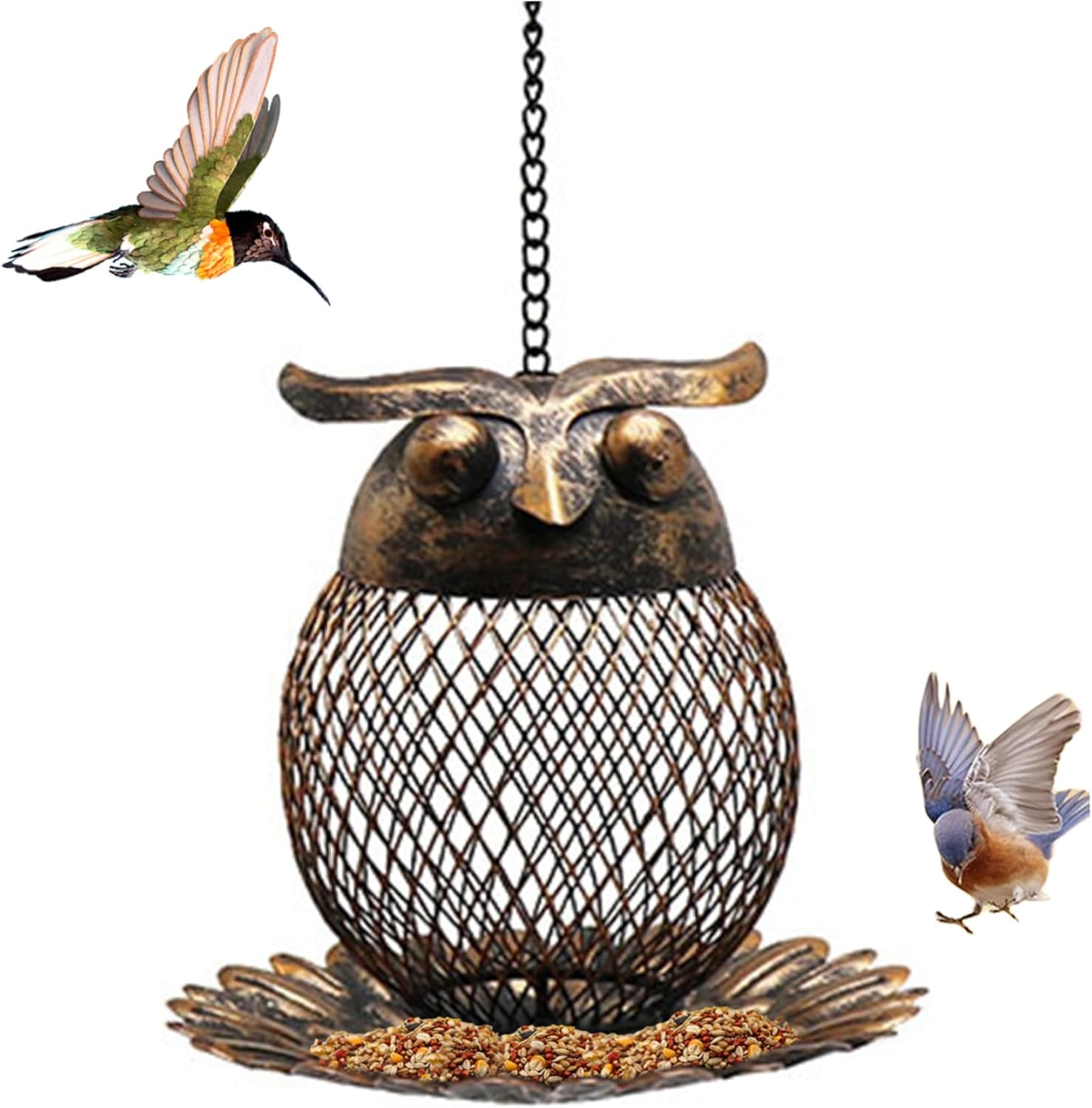 Metal Bird Feeder 6 Inch Owl-Shaped Hanging Bird Feeder with Hollow Ou