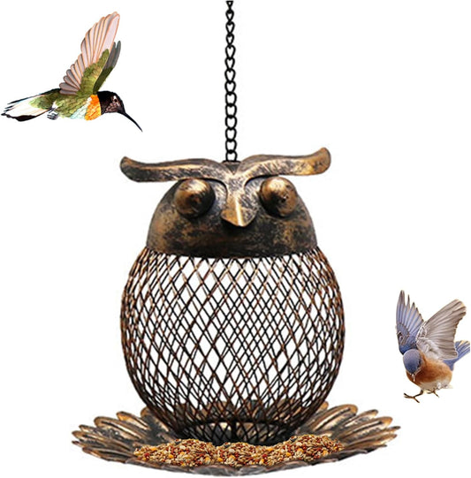 Metal Bird Feeder 6 Inch Owl-Shaped Hanging Bird Feeder with Hollow Ou
