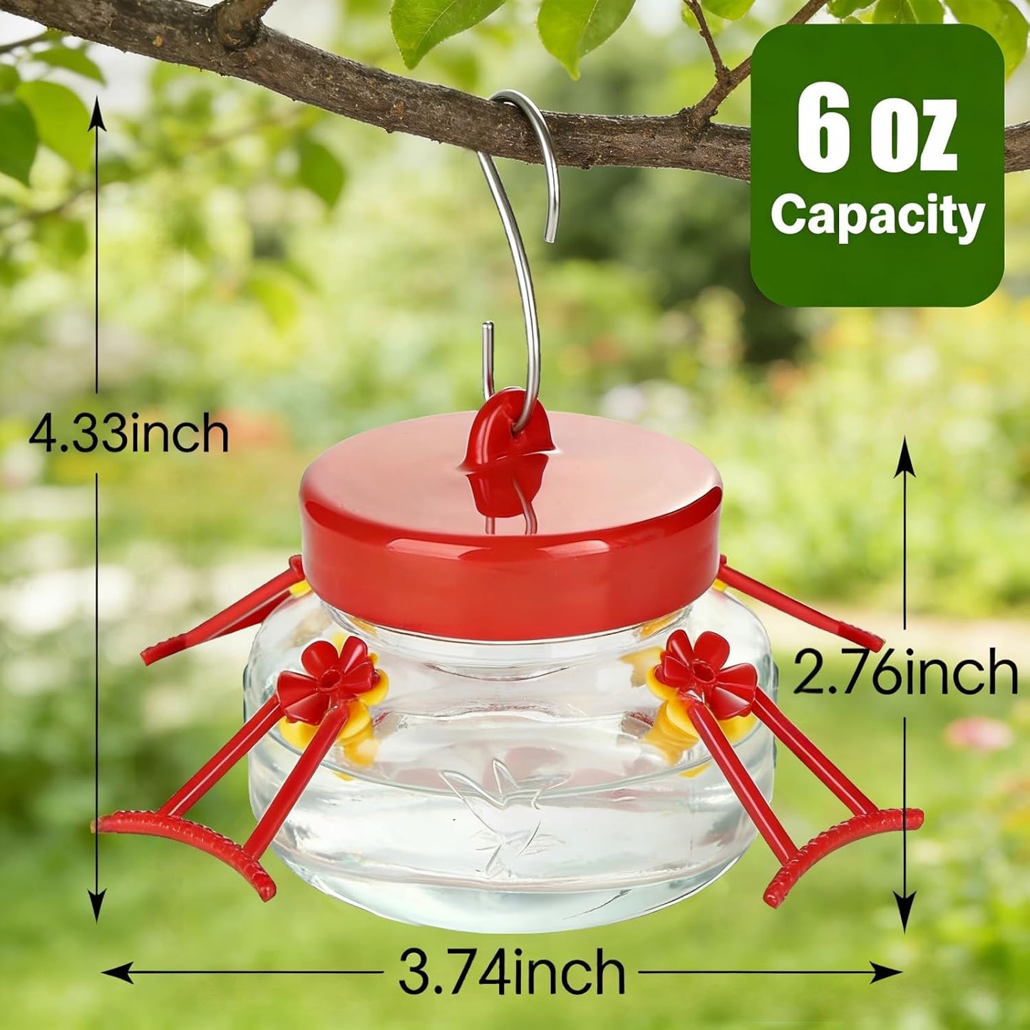 6 OZ Glass Hummingbird Feeders for Outdoors Hanging 2 Pack,Mason Jar Hummingbird Feeder with 4 Flower Feeding Ports and Perches,Easy to Clean and Refill,Decoration,Transparent
