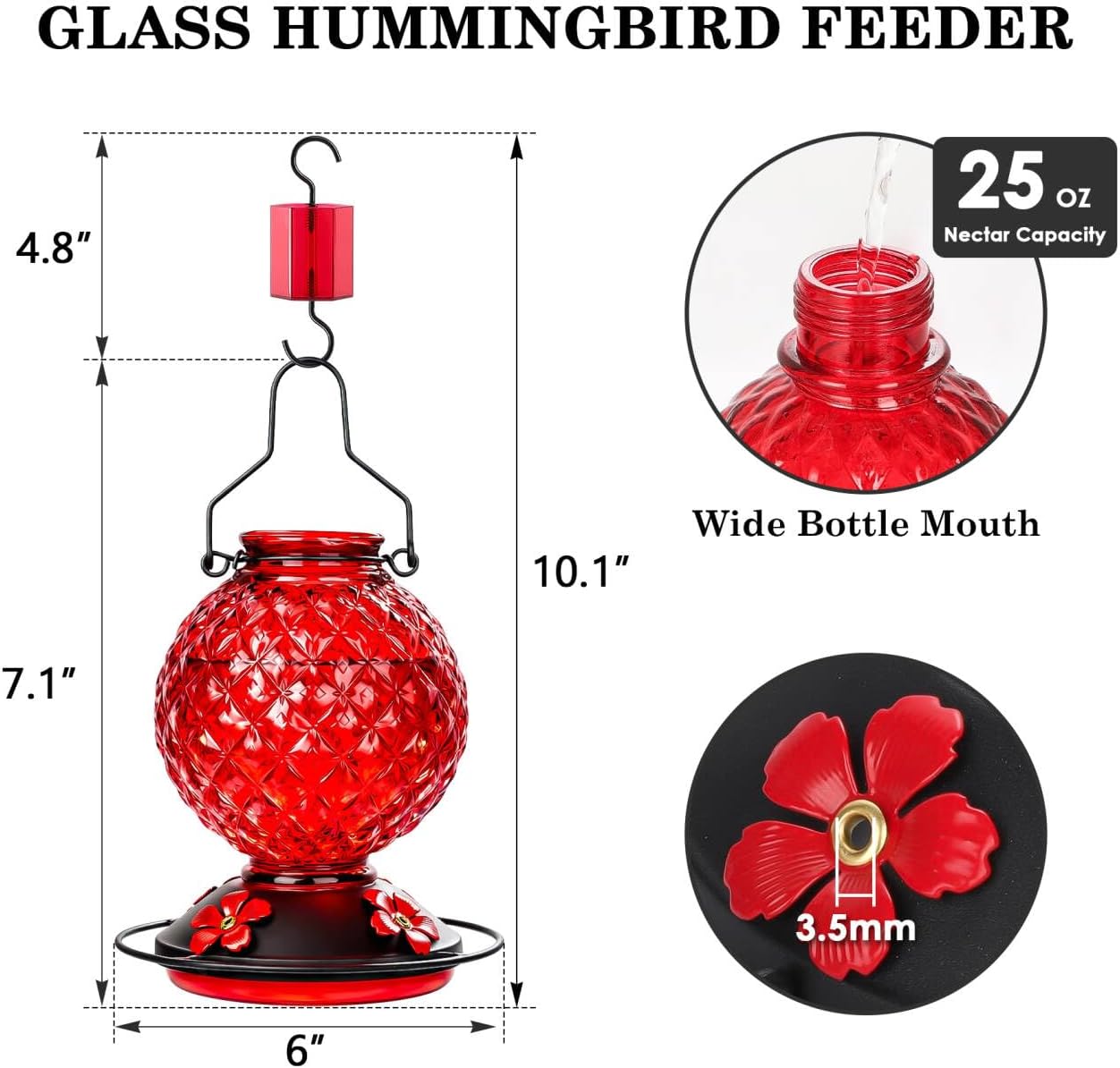 Glass Hummingbird Feeder for Outdoors Hanging, 25 OZ Humming Bird Nect