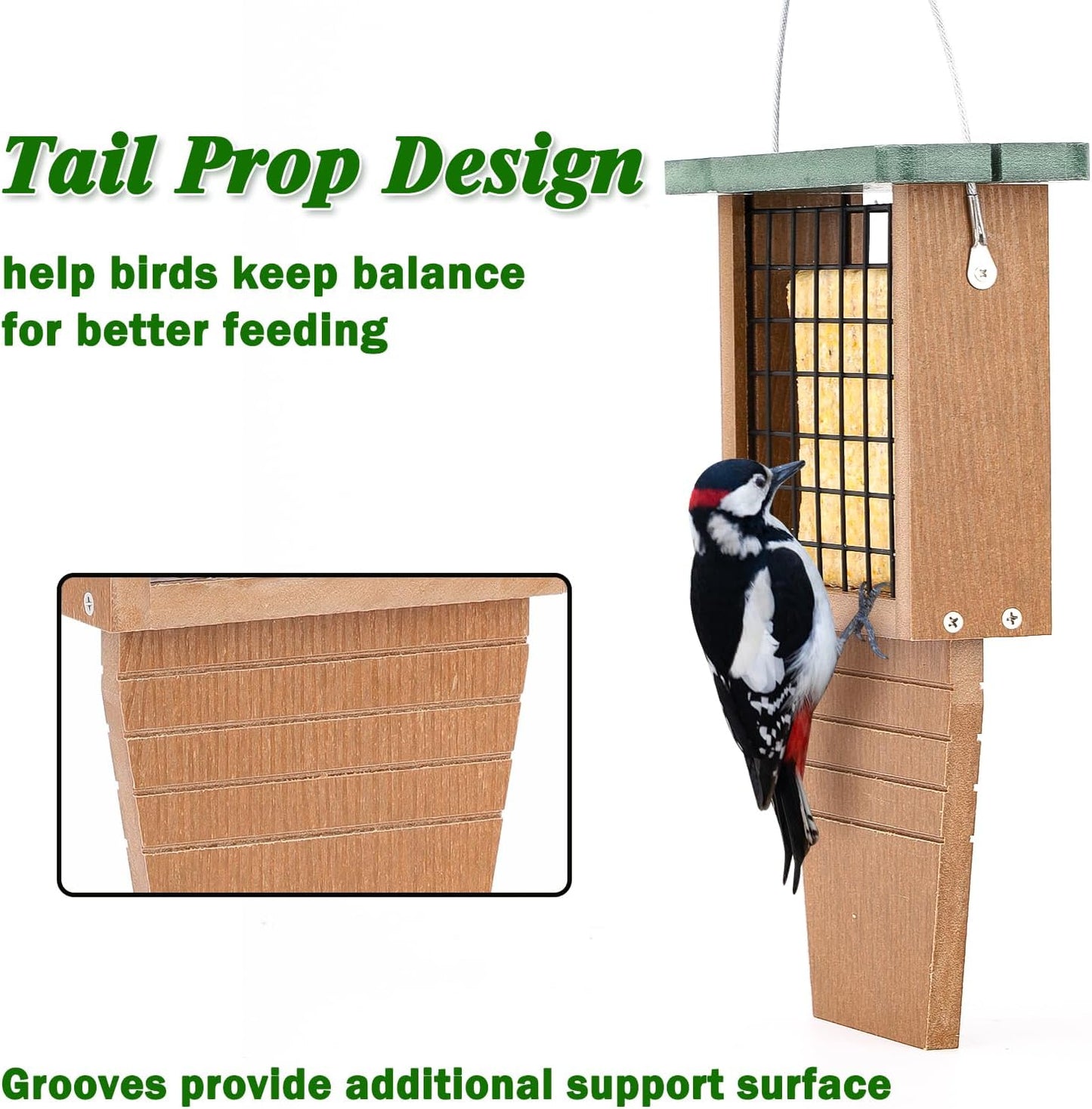 Gtongoko Recycled Plastic Suet Bird Feeder for Outside Hanging, Woodpecker Suet Feeder with Tail Prop, Hanging Suet Holder Birdfeeders, 1 Pack, Green