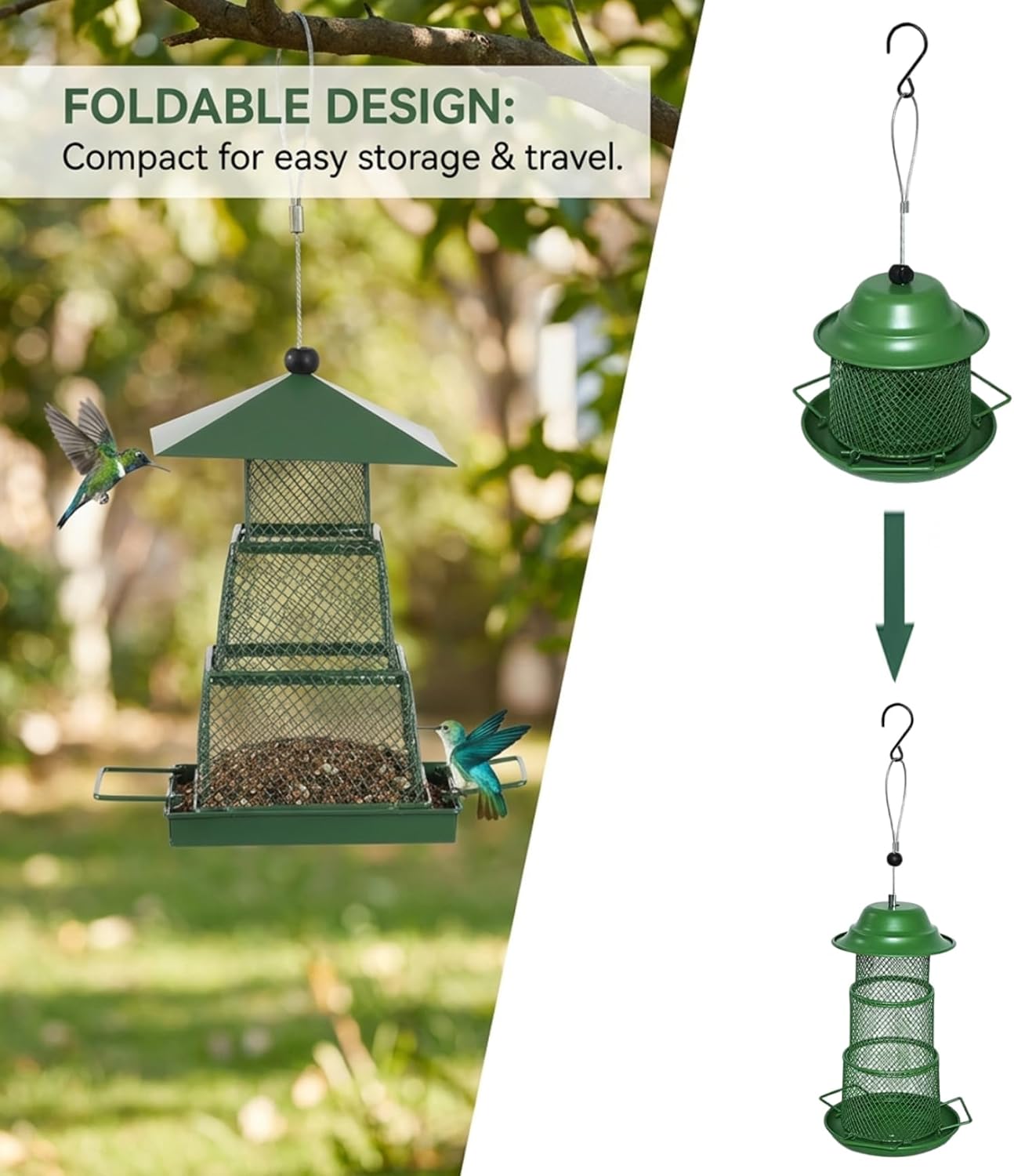 Hanging Bird Feeder, Portable and Collapsible Metal Bird Feeder with Tray Large Capacity Weatherproof Rainproof Wild Birdfeeder for Balcony and Backyard, Square