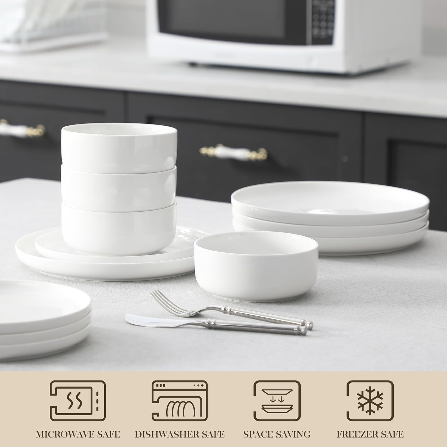 MALACASA Plates and Bowls Sets, 12 Pieces Porcelain Dinnerware Sets Di