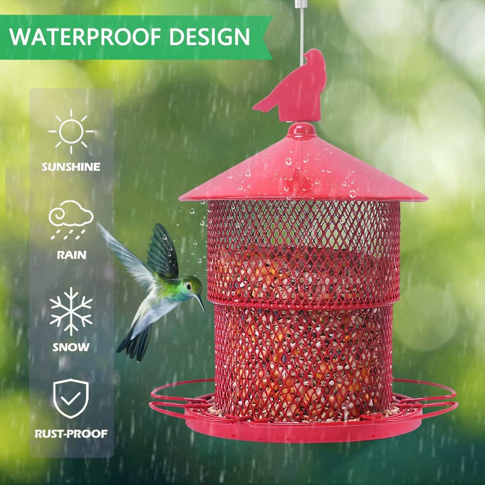 Metal Bird Feeder for Outside Hanging, Bird Feeders Squirrel Proof, 4 Lbs Large Capacity Iron Tube Mesh Wild Birdfeeder for Outdoor Finch Cardinal Chickadees Blue Jay -Red