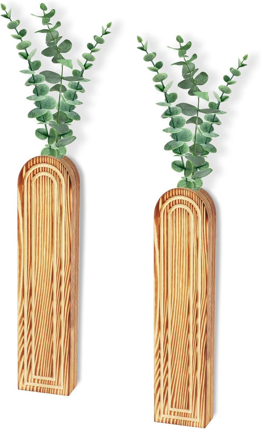 2Pcs Wood Wall Planter Modern Wood Wall Vase Geometric Hanging Planter Farmhouse Pocket Vase Rustic Decor for Indoor Vegetation Living Room Bedroom Decor Artificial Flowers