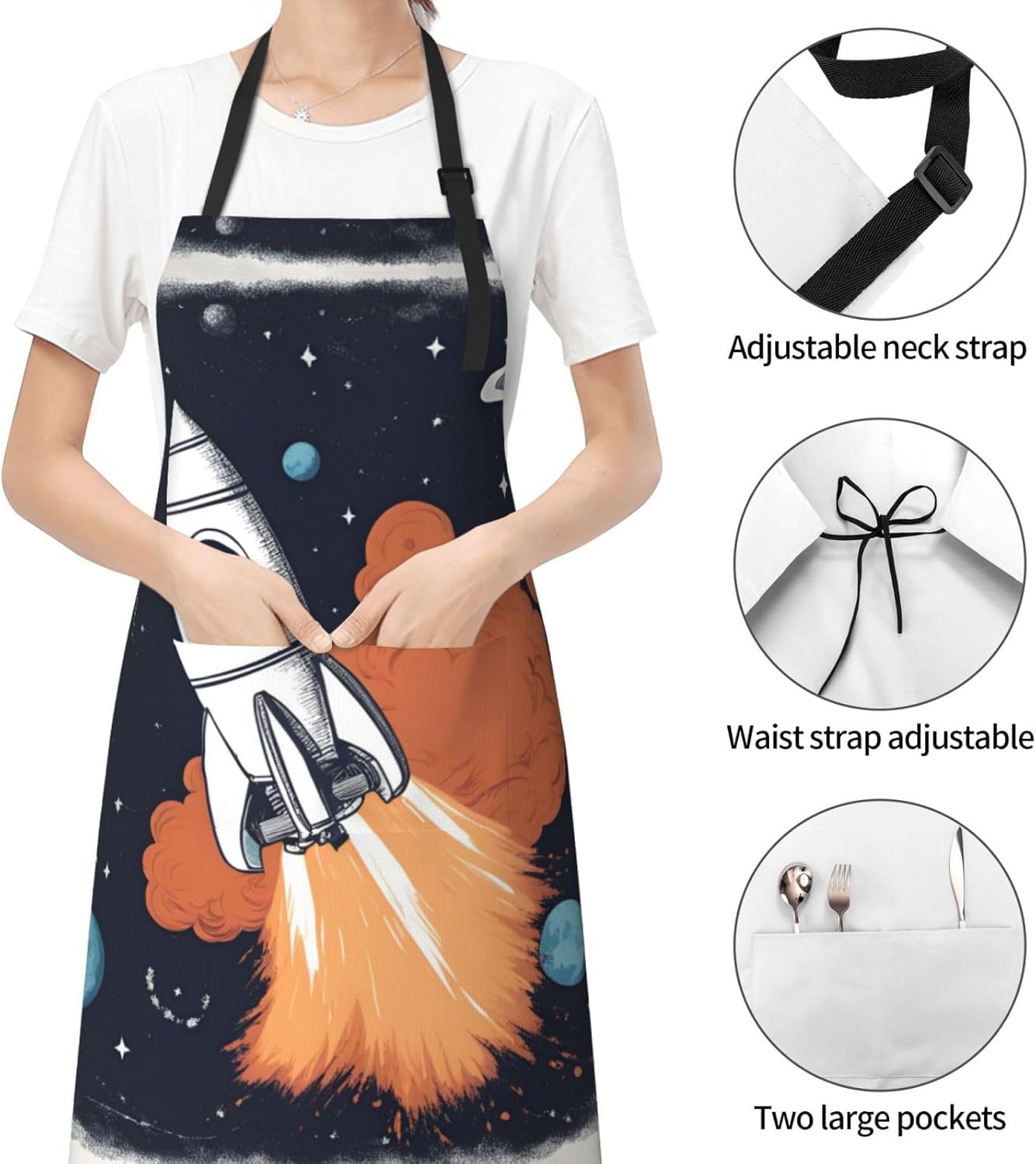 Rocket in Space print Waterproof chef's apron with pocket apron for kitchen cooking baking barbecue and gardening