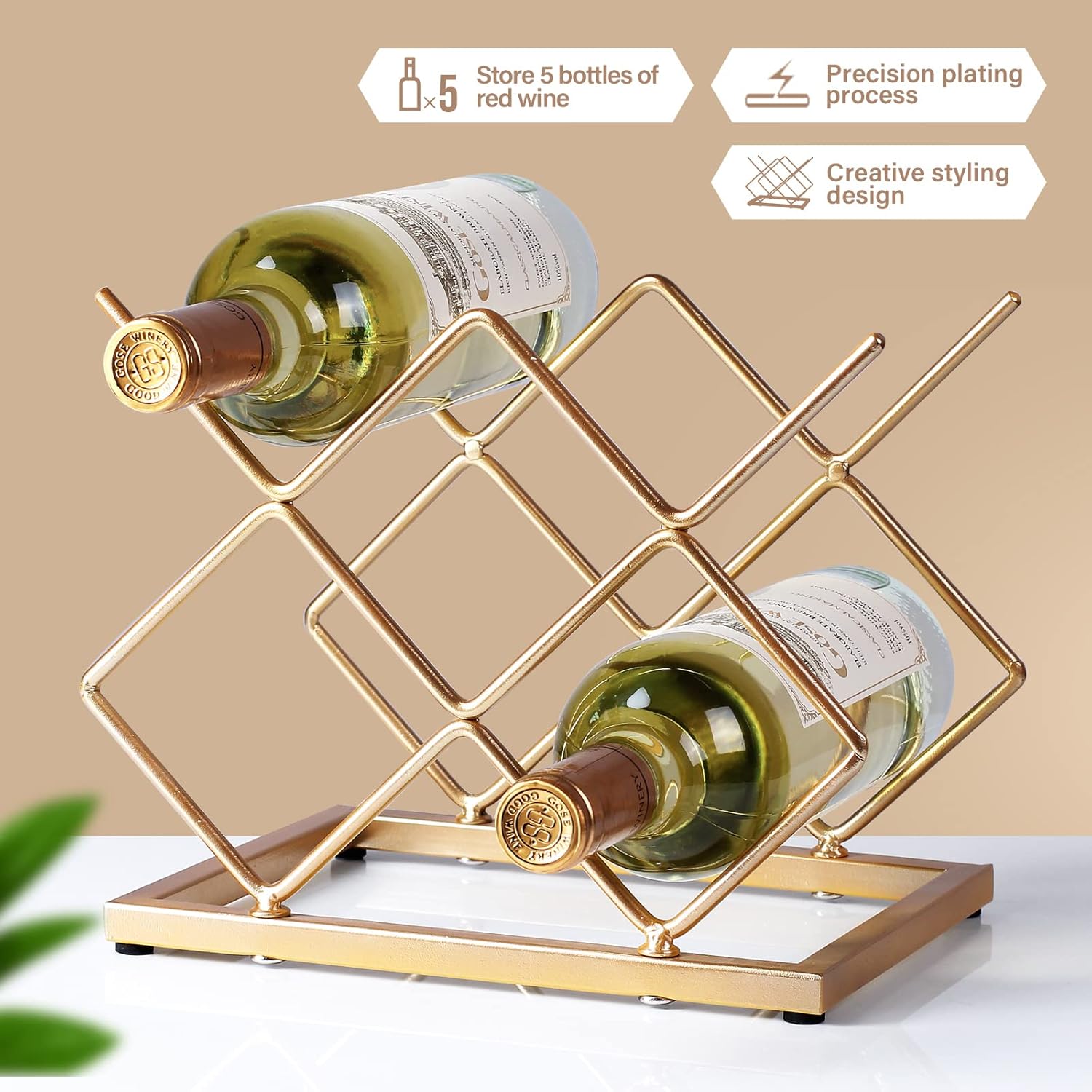 Countertop Wine Rack - 5 Bottle Freestanding Modern Gold Metal Small W