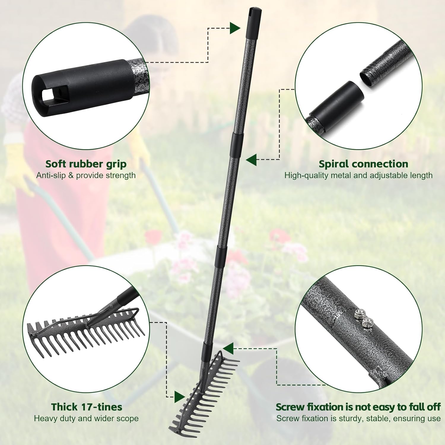 63'' Bow Rake ，17 Tines Metal Head Rakes with Stainless Steel Handle，H
