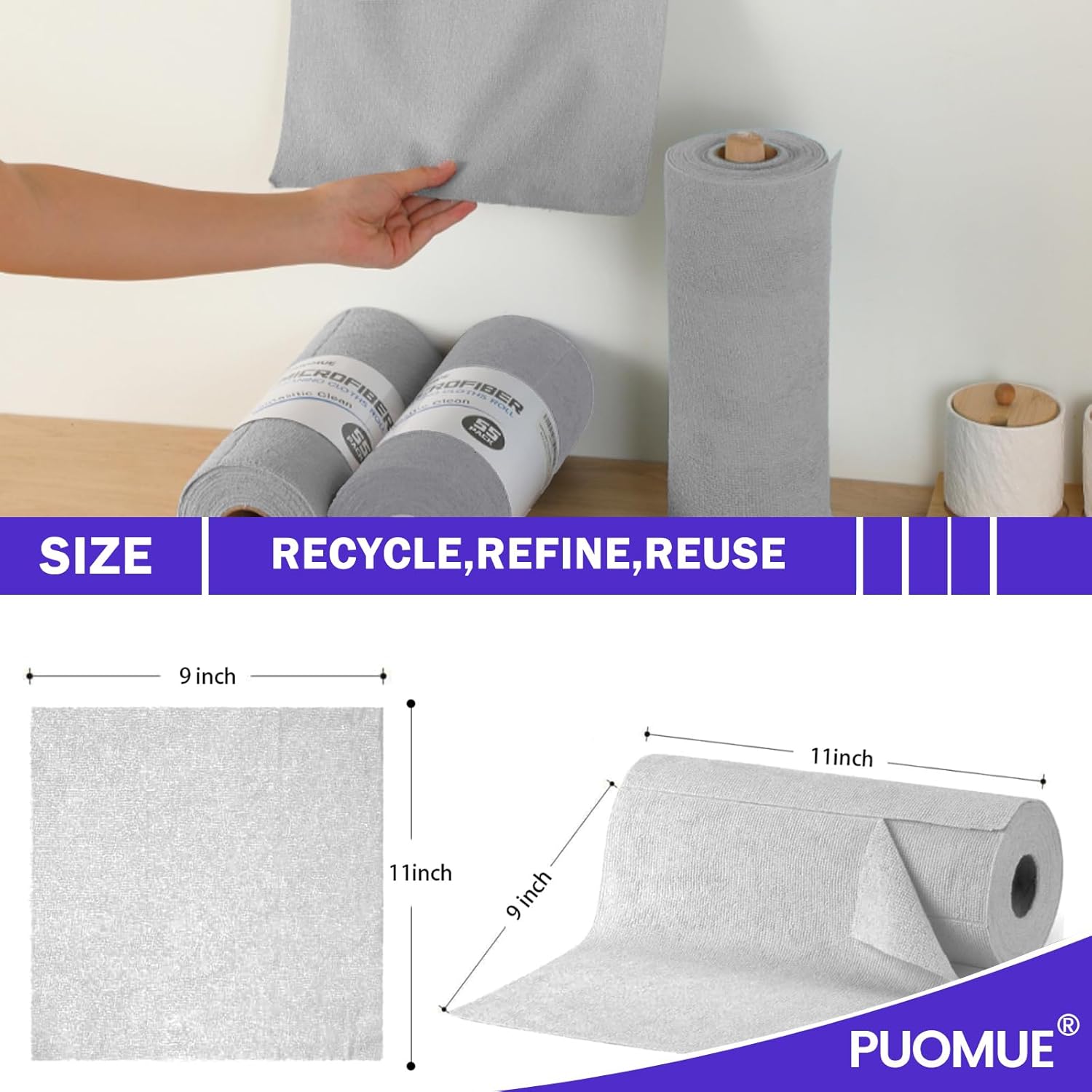 55 Pack Microfiber Cleaning Cloth Roll, Tear Away Reusable Towels, 11"