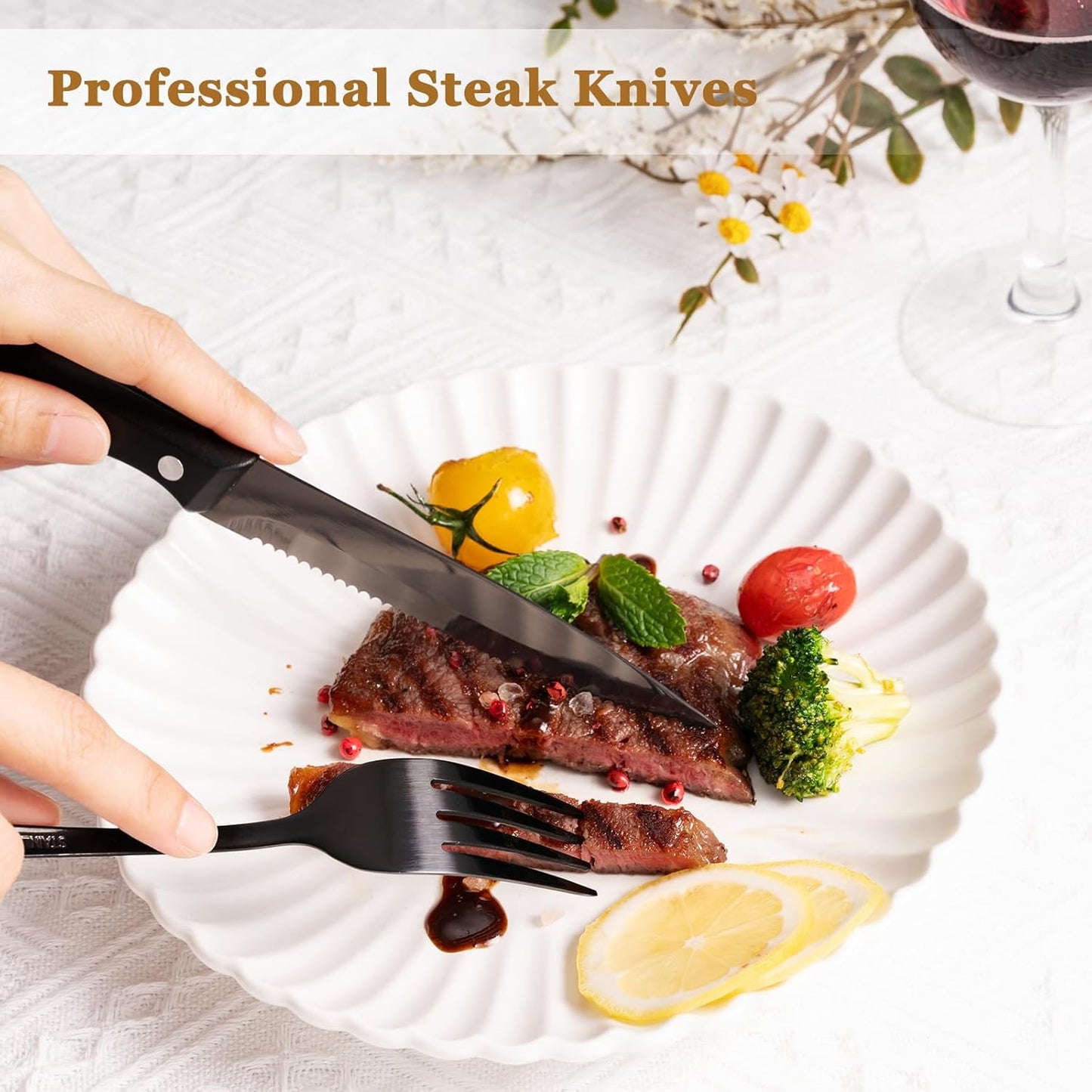 Astercook 스테이크 나이프가 있는 24피스 블랙 실버웨어 세트, 식기 세트, 식품 등급 스테인리스 스틸 커틀러리 세트 