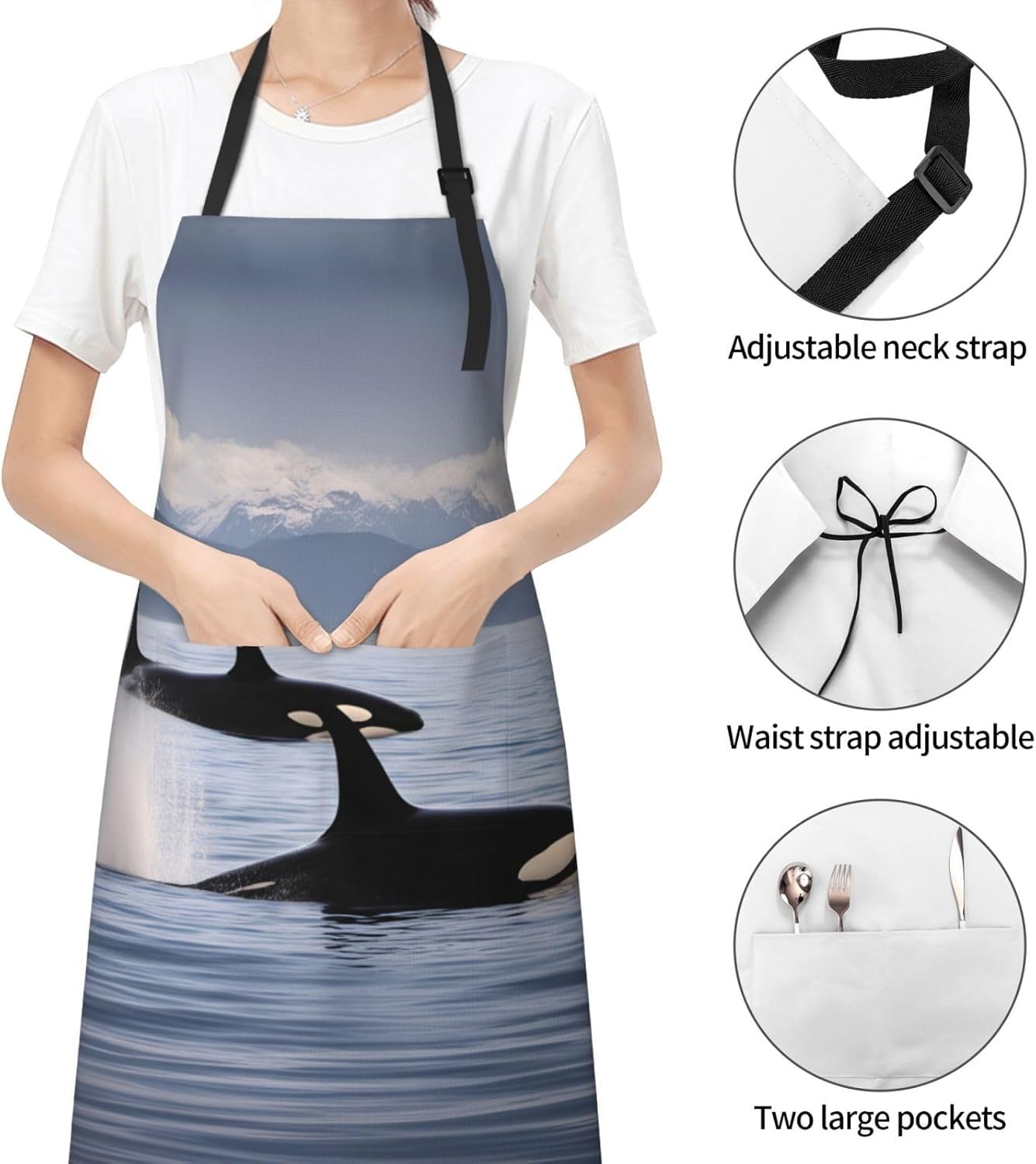 Killer Whales Swim Along print Waterproof chef's apron with pocket apron for kitchen cooking baking barbecue and gardening