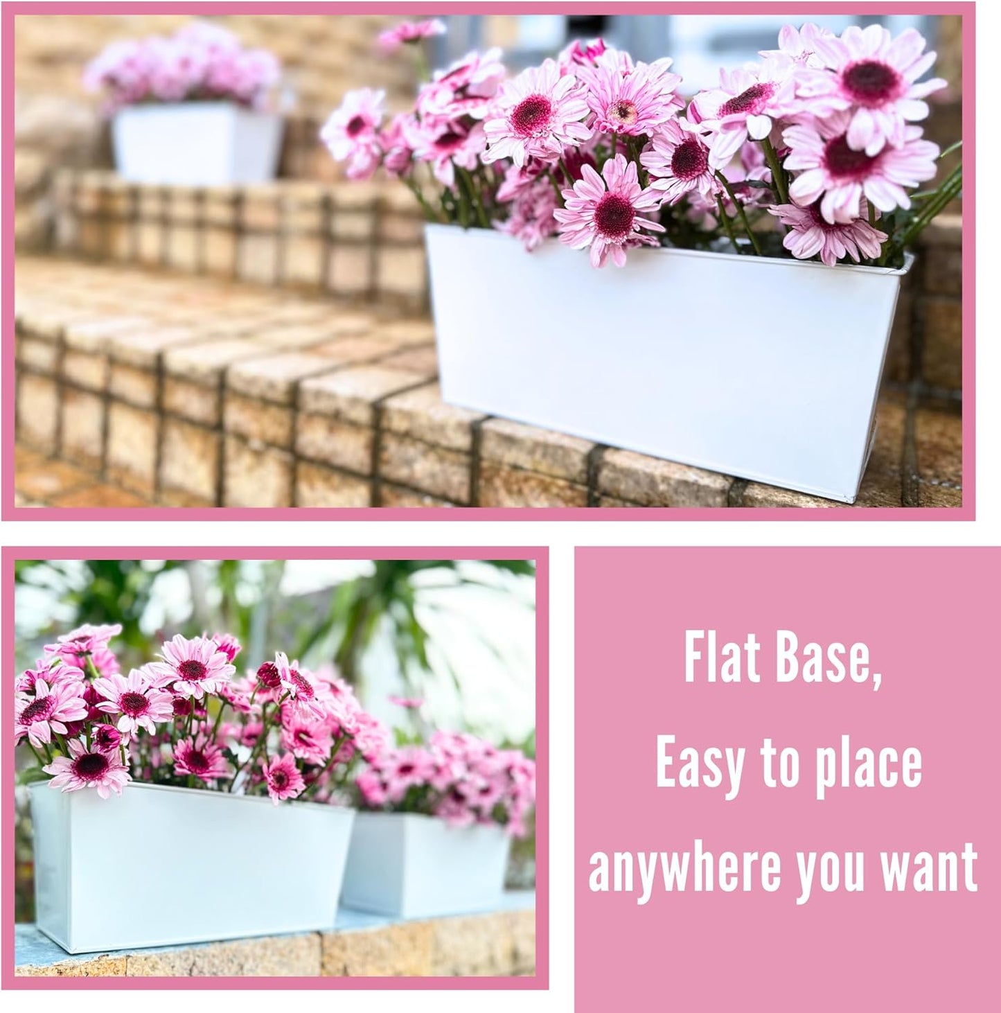 LaLaGreen Rail Planter Box (4 Pack, 16 Inch) Large White Metal Hanging Flower Pots, Rectangle Outdoor Strawberry Plant Holder Window Balcony Deck Railing Fence Minimalist Farmhouse Countryside Style