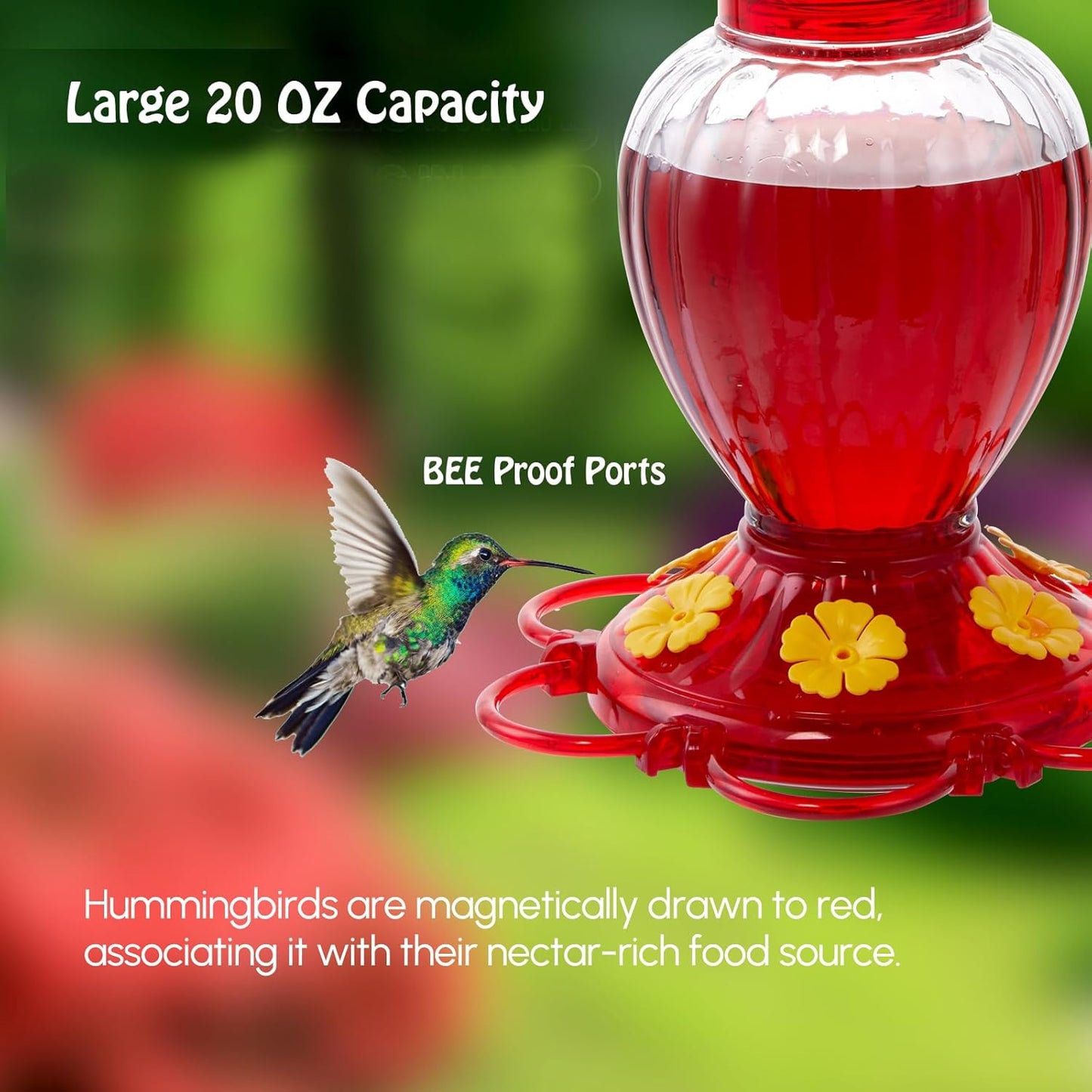 Backyard Expressions Hummingbird Feeder Set of 2 – Large 20 Oz Plastic Feeders for Outdoors with 6 Flower Ports, Built-in Ant Moat & Bee Guards, Wide Mouth Easy Fill, 2-Part Base for Fast Cleaning