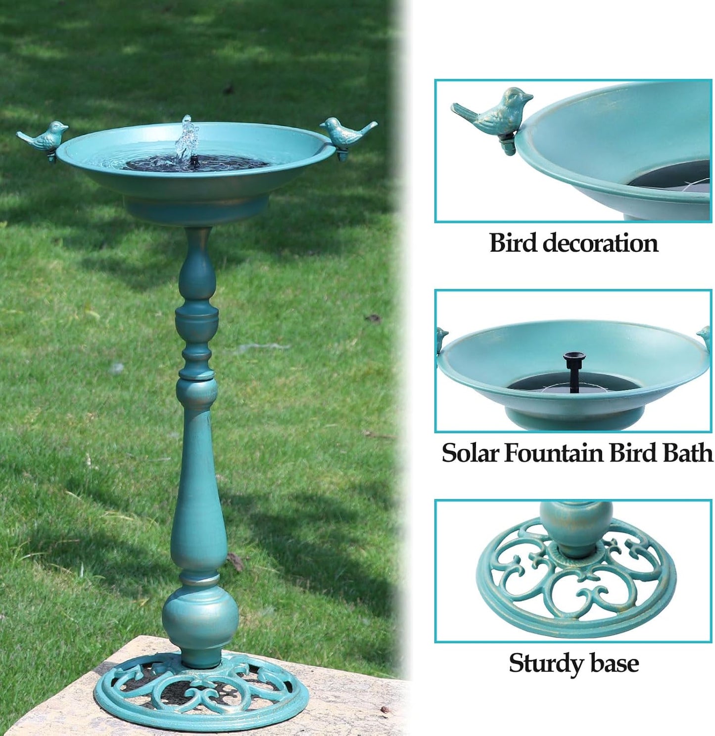 26.6" H Solar Bird Bath, Cast Iron Bird Bath and Solar Fountain, Outdoor Metal Bird Bath Bowl for Outdoors,Patio Yard Lawn Decor（Bronze