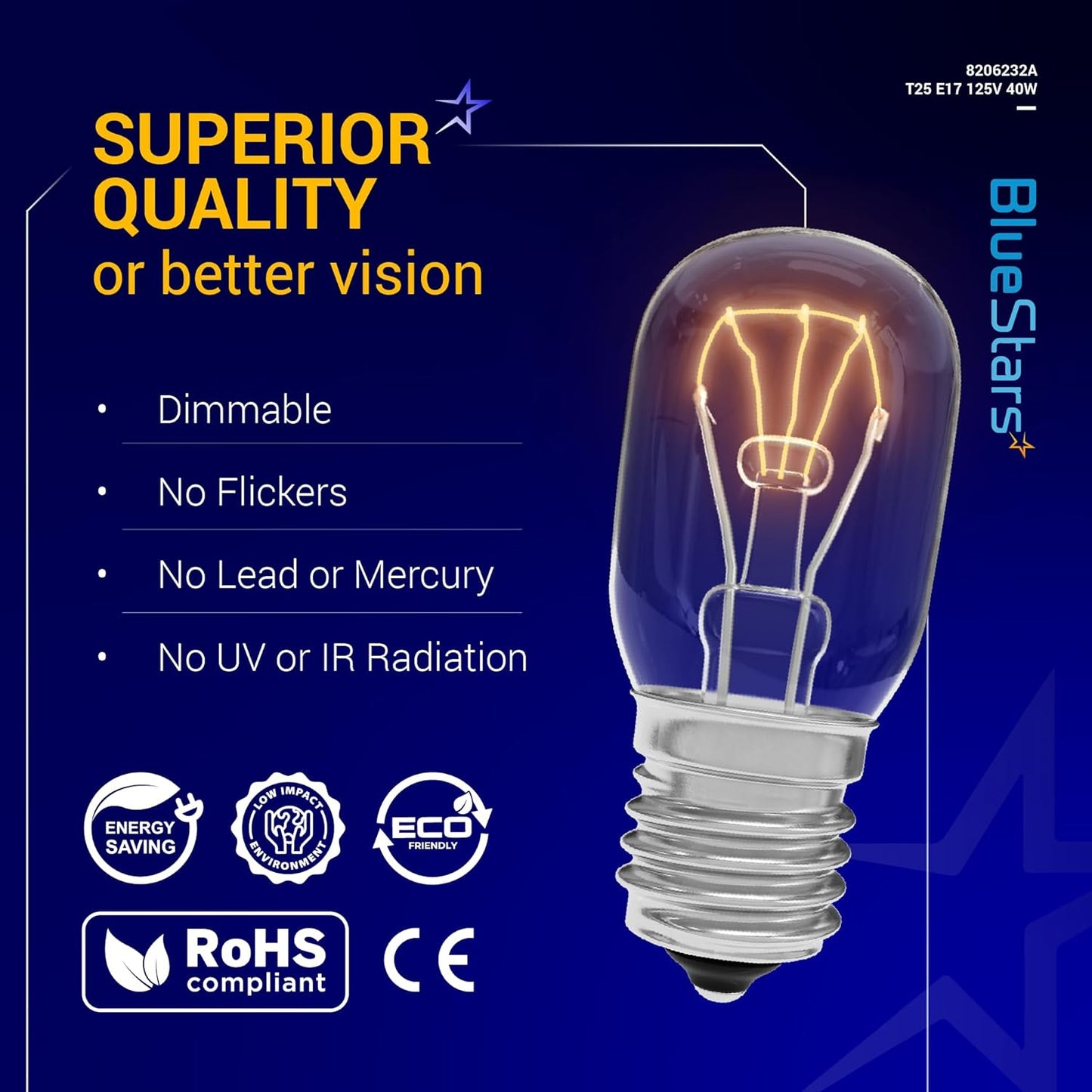 BlueStars 8206232A KEI 125V 40W Microwave Bulb E17 Base, Compatible with Whirlpool Microwave Light Bulb Under Hood, Lava Lamp, Salt Lamp Bulbs, Replaces 1890433 8206232 AP4512653, 3 Packs