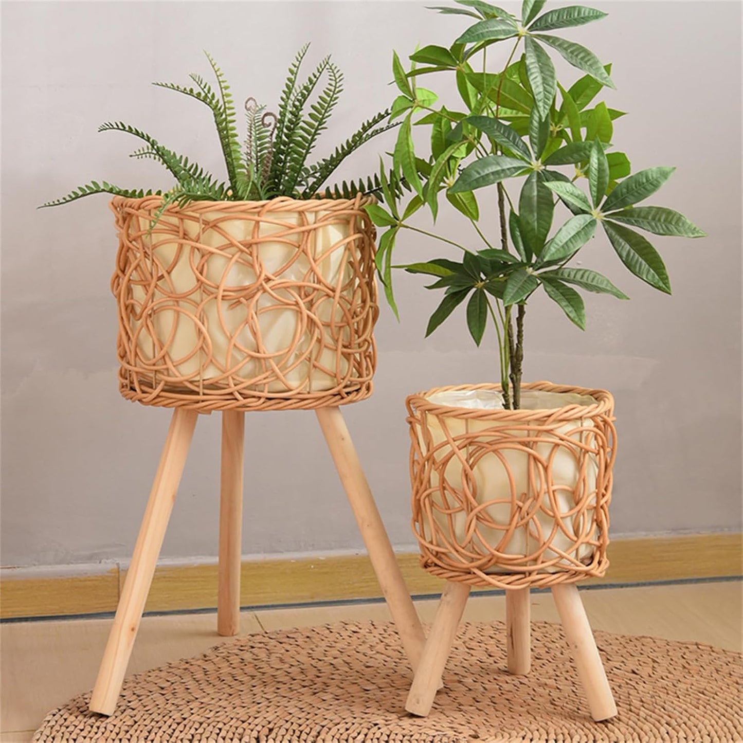 Rattan Plant Stand Stool with 3 Wood Legs Balcony Flower Pots Display 