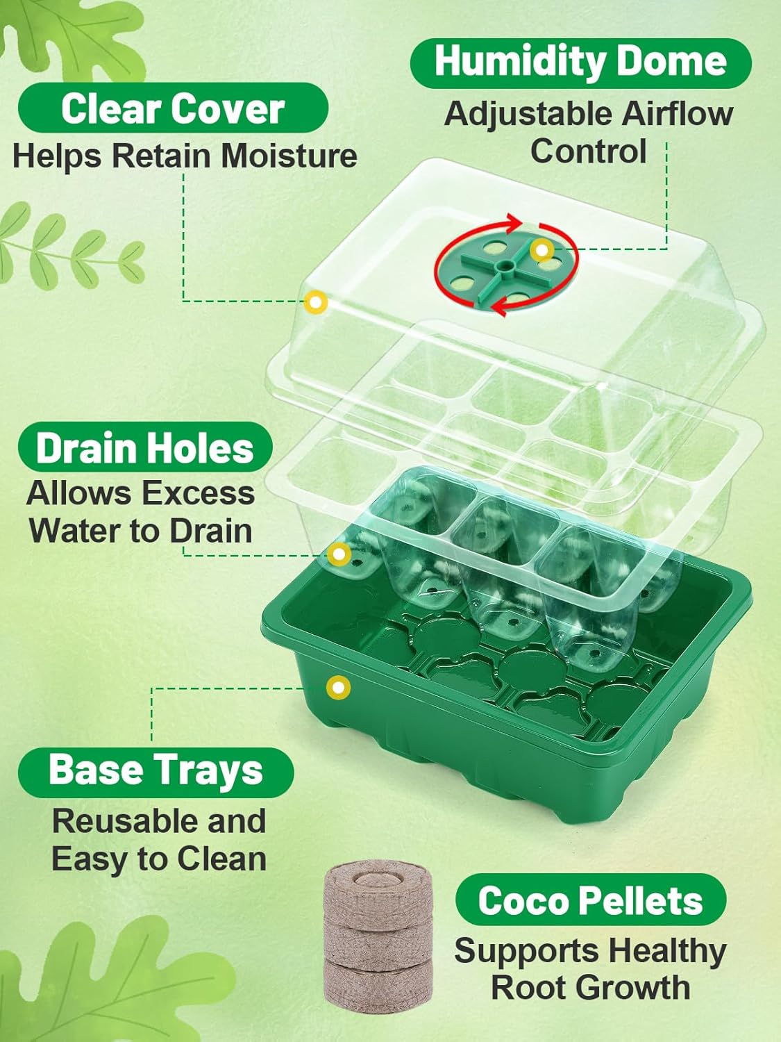 Apipi 5 Pack Seed Starter Kit with 60 Coco Coir Pellets - 60 Cell Seed
