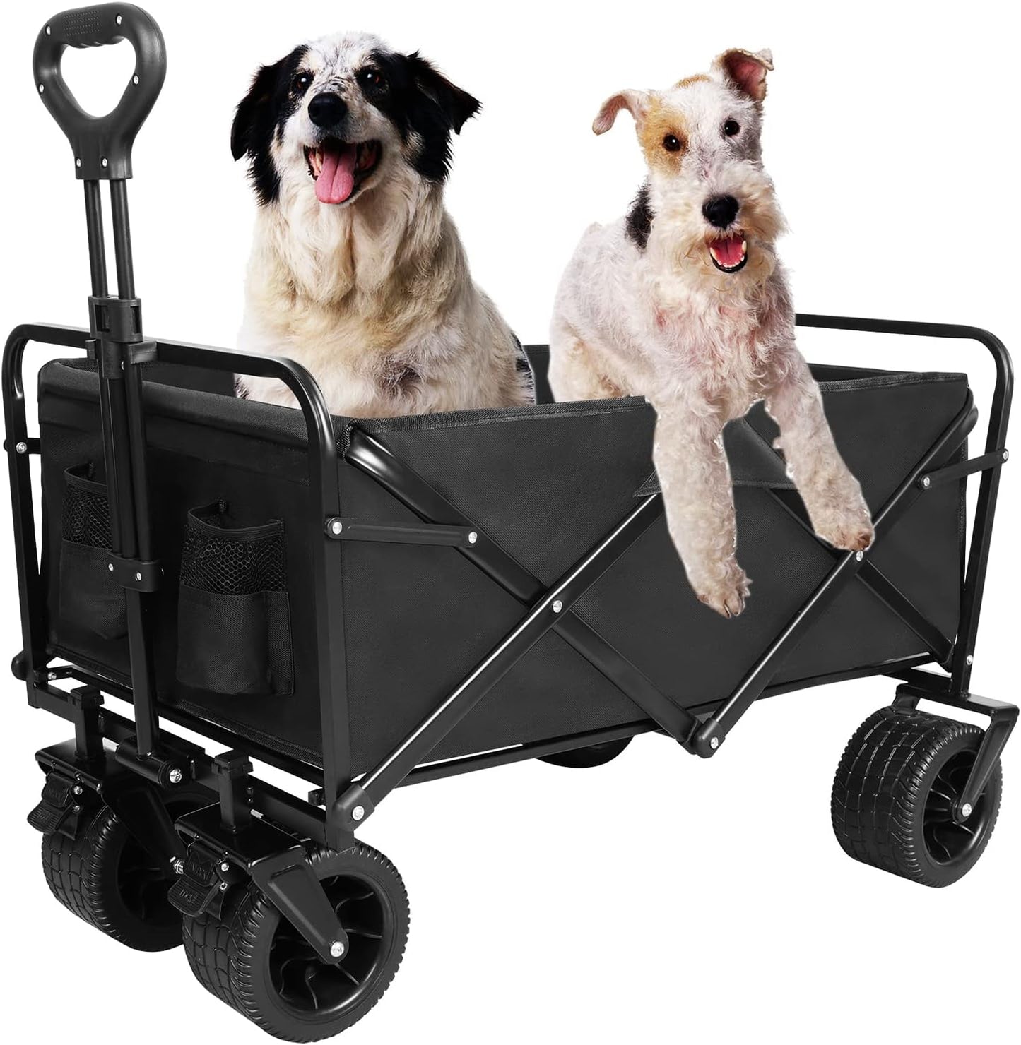 Collapsible Beach Wagon with All-Terrain Big Wheels,Folding Wagon Carts Heavy Duty with Adjustable Handle for Outdoor,Garden,Sports and Grocery, 220lbs Capacity, Black