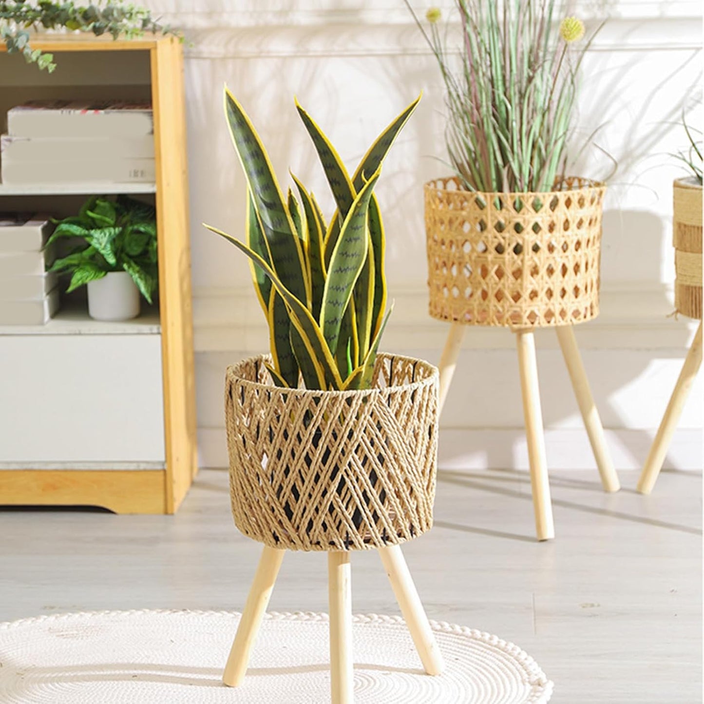 Rattans Handwoven Flowerpots Plant Basket Planter With Wood Stand Rack Indoor Outdoor Garden Storage Container Home Decors