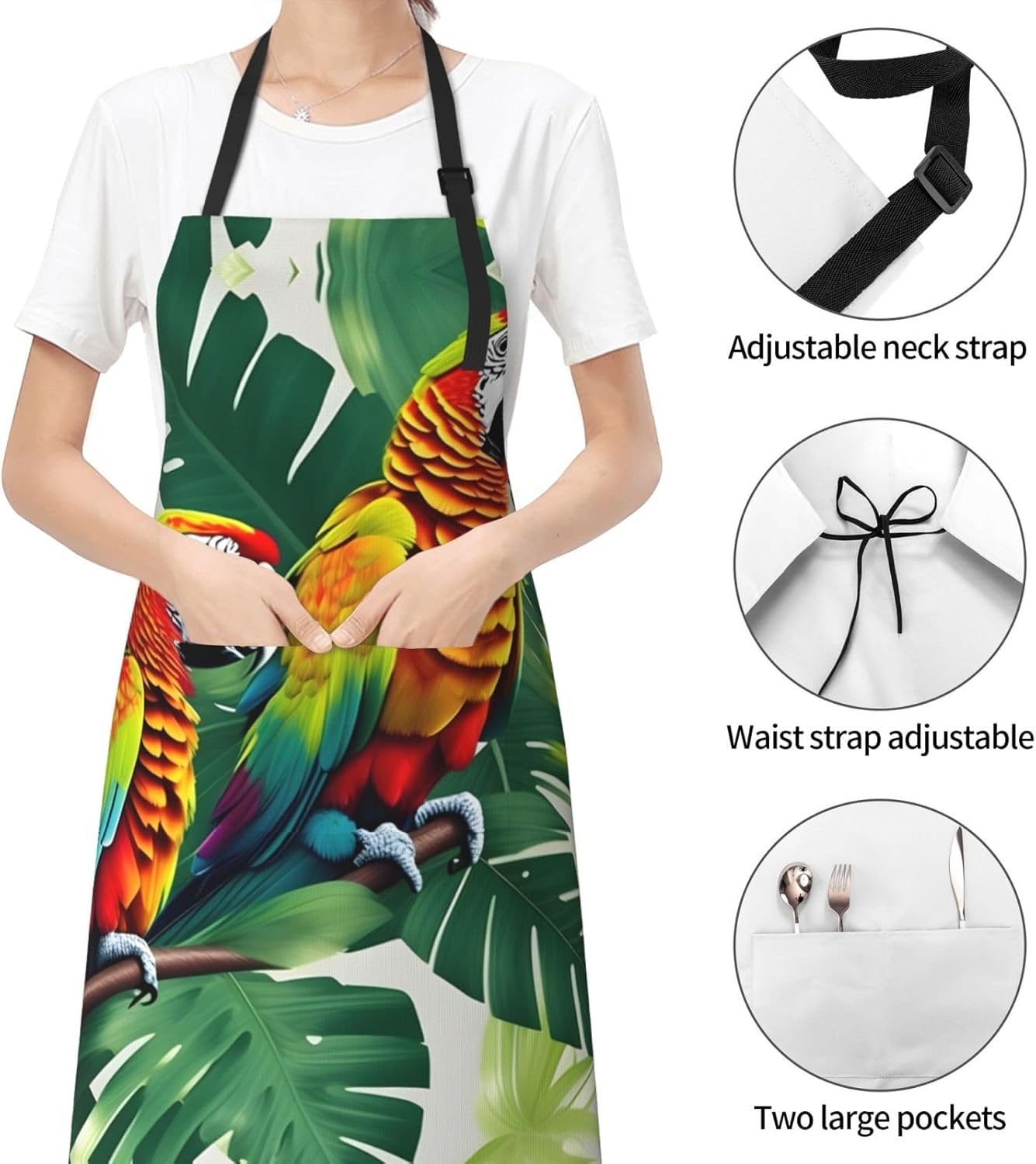 Tropical Flower Leaf Parrot Print 28x33 In Adult Kitchen Apron with Pockets Versatile Chef Smock for Cooking Baking