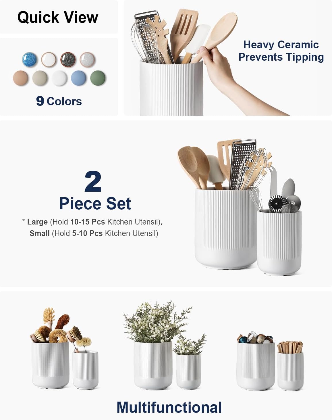 LE TAUCI Utensil Holder for Kitchen Counter, 7.3"+5.4" Fluted Ceramic 