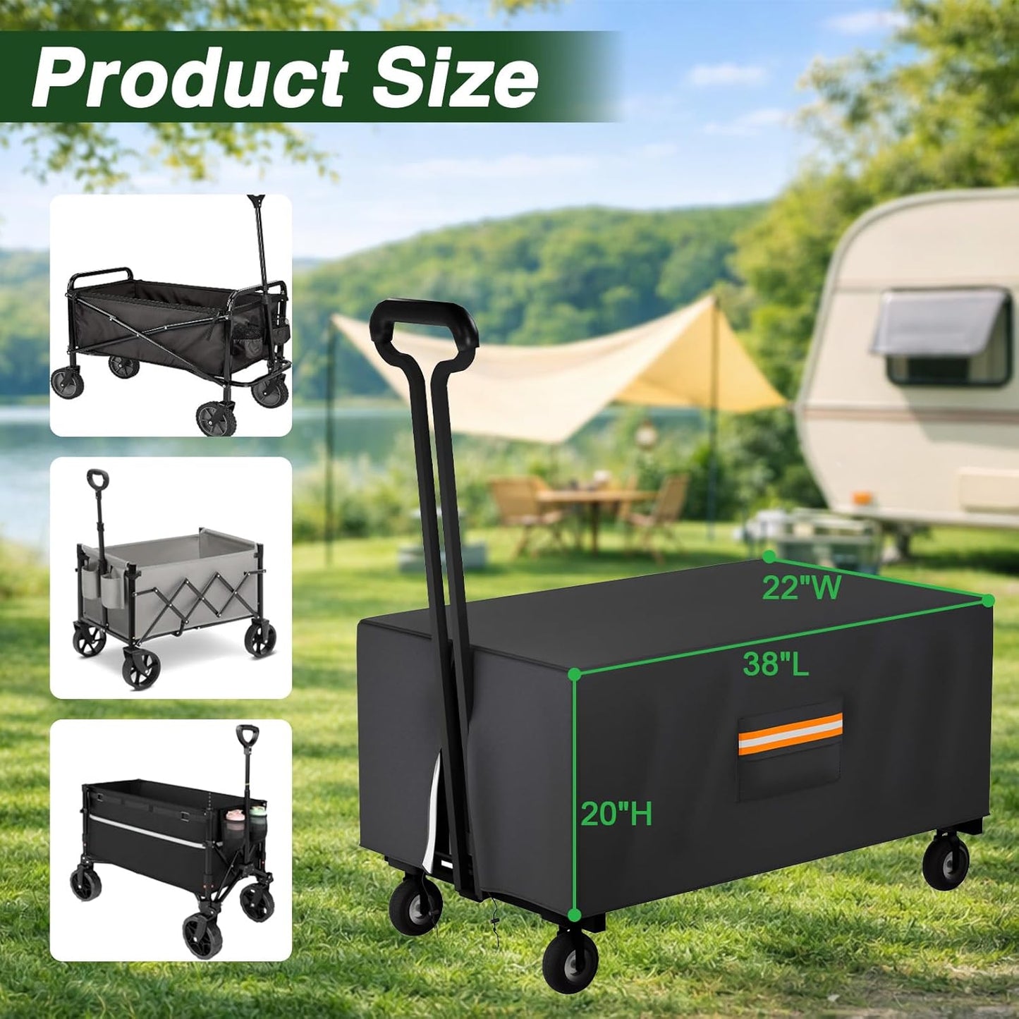 Outdoor Folding Wagon Cover, 38" L x 22" W x 20" H Heavy Duty 420D Waterproof Garden Cart Cover for Collapsible Wagon Carts with Portable Pocket Bottom Drawstring Reflective Strip