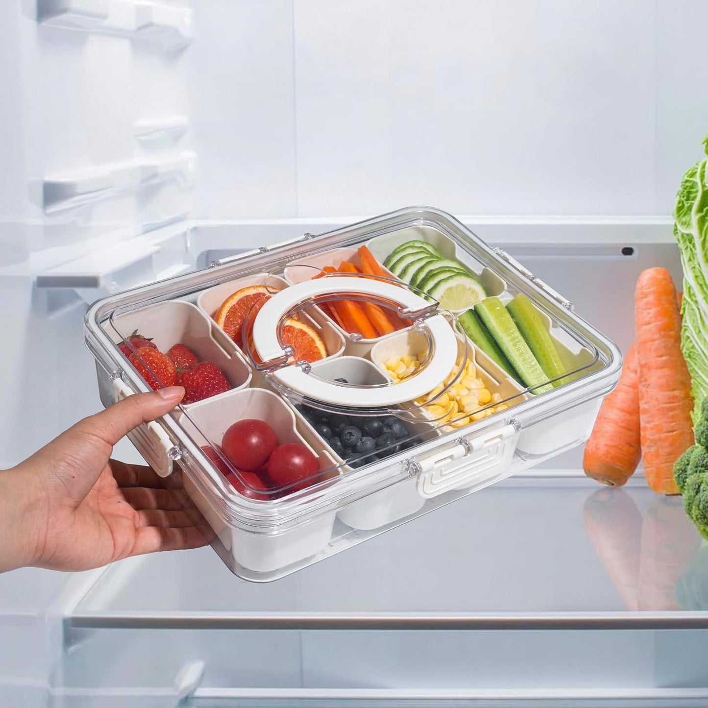 Divided Snack Serving Tray with Lid and Handle travel Snackle Box Charcuterie Container Portable Storage Organizer for Candy, Fruits, Nuts, Snacks 1Pack White