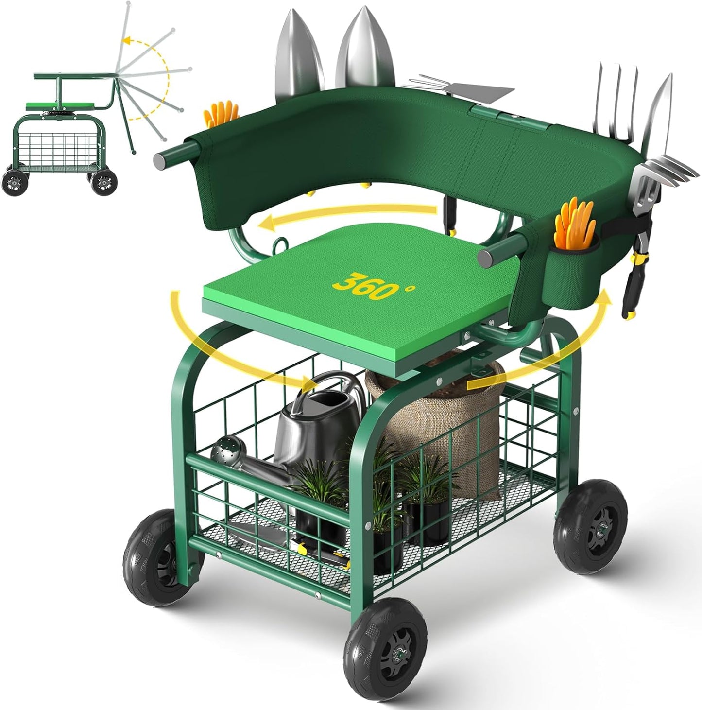 Suntee Garden Seat with Wheels, Rolling Gardening Stool with 360° Swiv