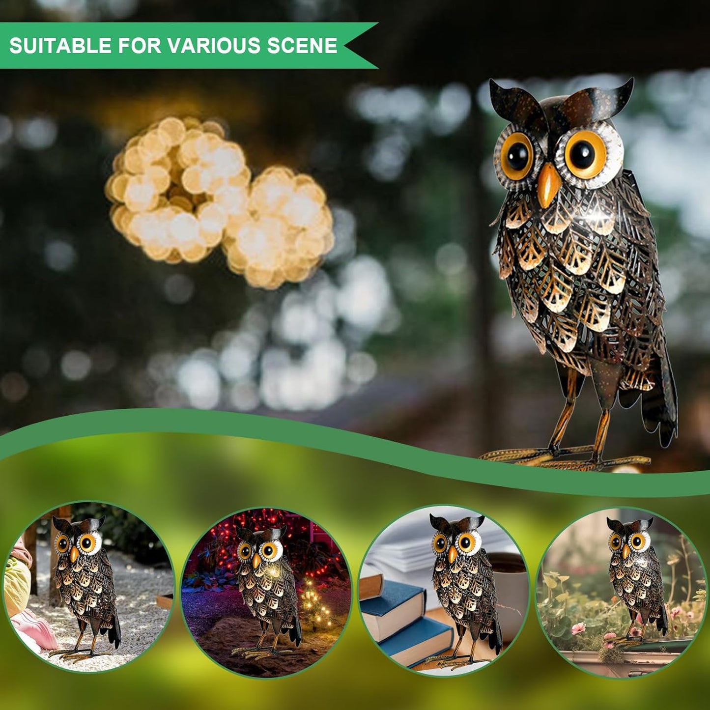 Shorayn Garden Statue Metal Owl Yard Art Outdoor Decor with Solar LED Lights for Patio Lawn Decoration Great Gifts