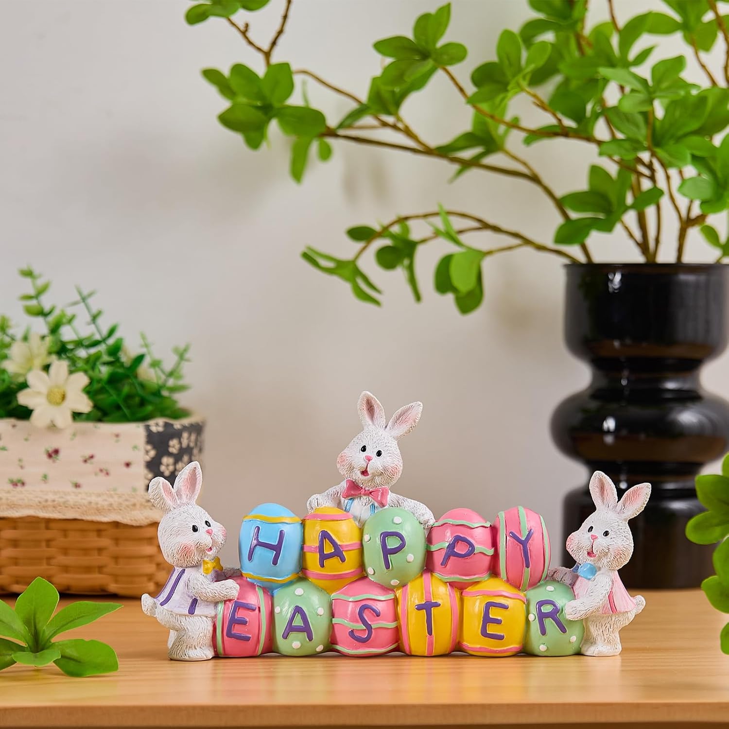 3 Bunny Holding Eggs and Happy Easter Decorations, Resin Easter Bunny 