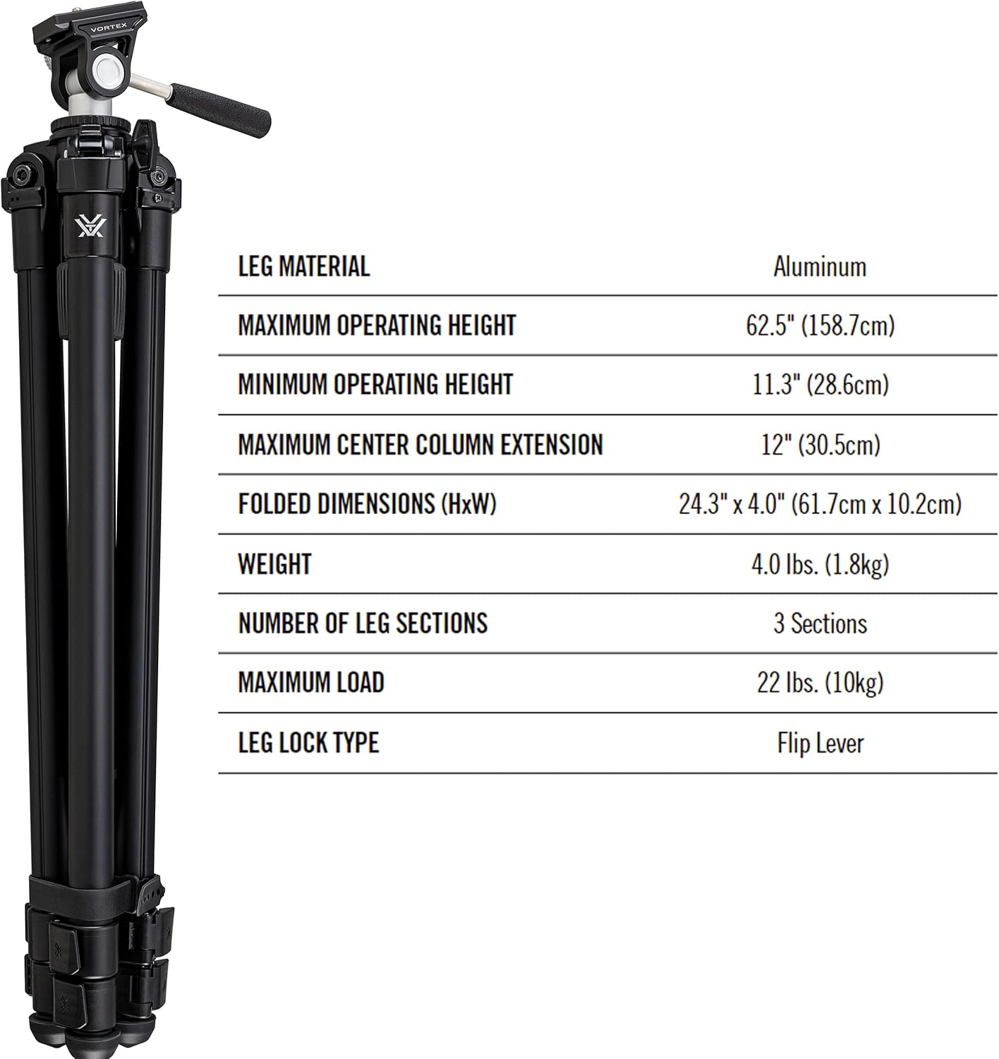 Vortex Optics High Country II Tripod Kit - Aluminum Tripod, 2-Way Pan Head, 22 lb Max Load, Rubber Feet - Unlimited, Unconditional Warranty