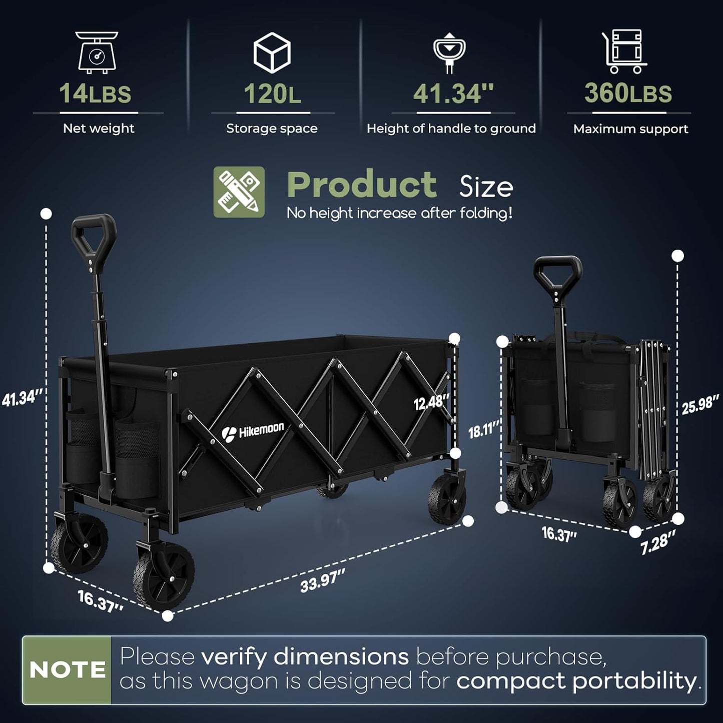 34'' Extra Long Collapsible Wagons Carts Foldable, 360LBS Heavy Duty Folding Beach Wagon Cart with Wheels, Portable Utility Outdoor Wagon for Grocery, Shopping, Garden, Sports, Camping, Black