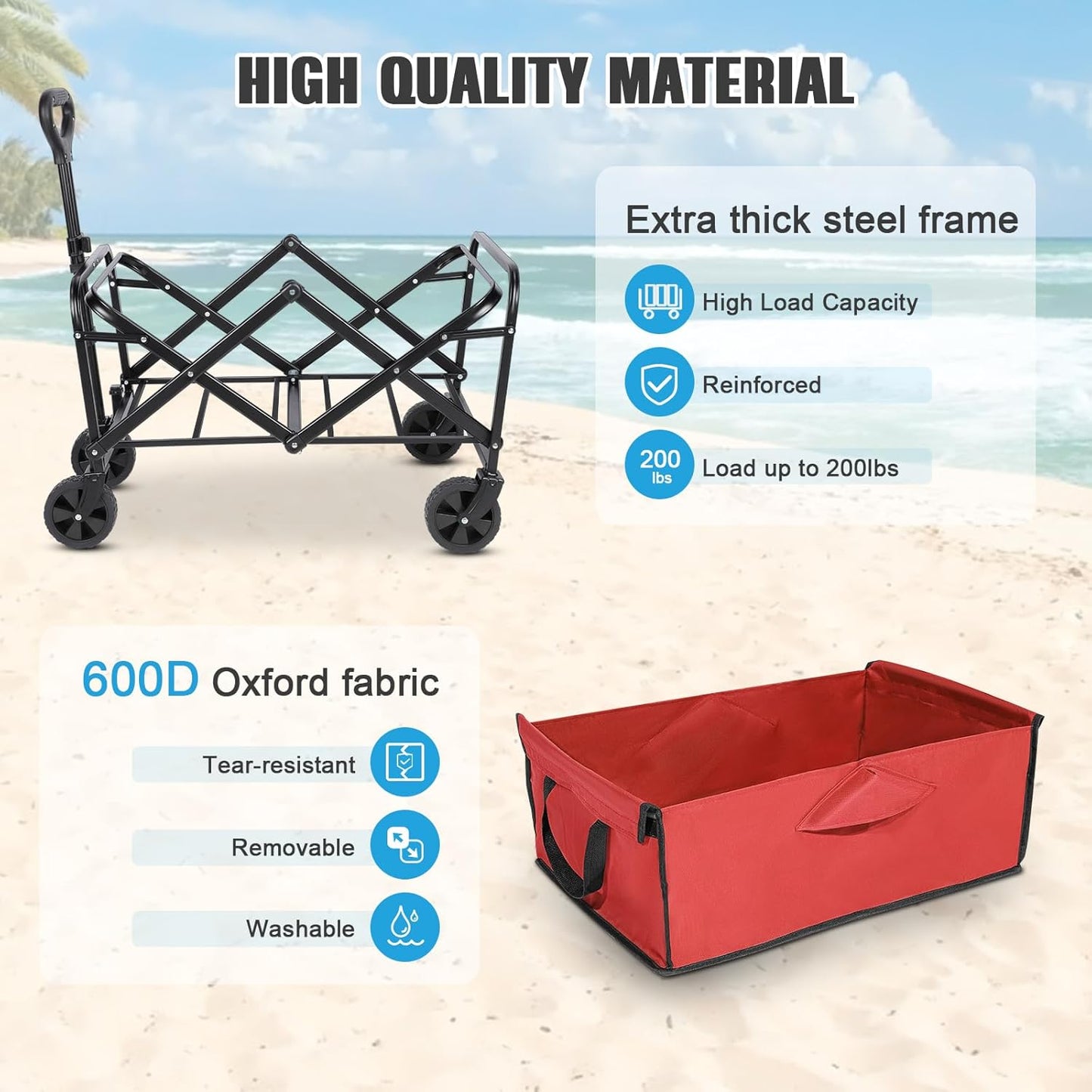 Collapsible Foldable Beach Wagon,Wagon Carts with Wheels folding,Utility Grocery Lounge Wagon for Sand Camping Sports Shopping Outdoor(Red).