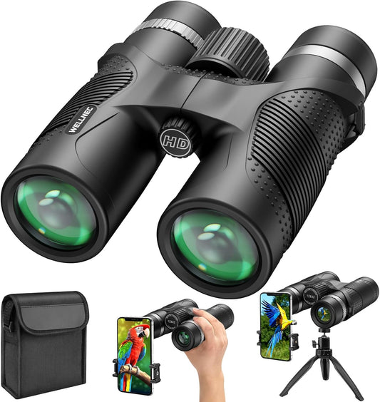 Binoculars for Adults Hunting Bird Watching - WELLNEC 12x42 HD 367/1000yds Binoculars High Powered with BaK4 Prisms Pro Birding Bird Watching Hunting Binoculars, Phone Adapter, Tripod