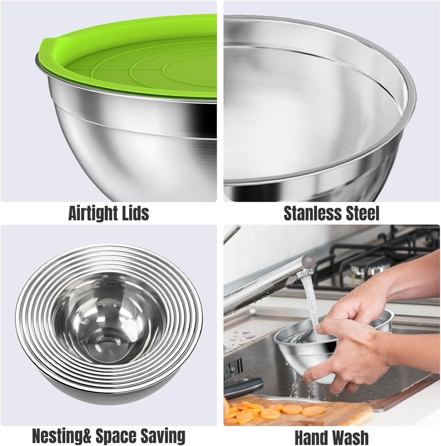 Mixing Bowls with Lids Set, 7 PCS Stainless Steel Mixing Bowls with 3 Grater Attachments, Size 4.5, 4, 3.5, 2.1, 1.5, 1.1, 0.7QT, Ideal for Kitchen Cooking Baking & Serving