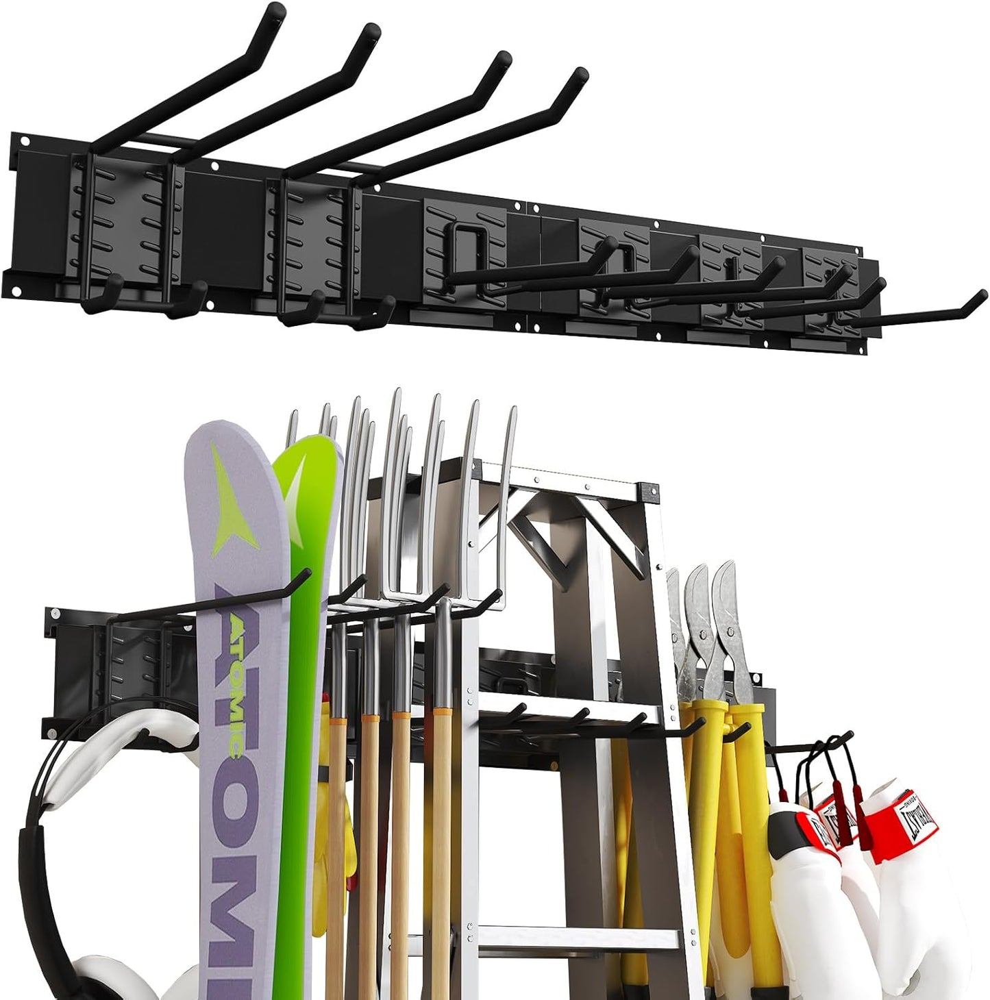 32 Inches Garage Organization,Wall Mount Garden Tool Organizer, 440lbs Adjustable Heavy Duty Metal Hanging Hooks, Garden Tool Hangers Storage Rack for Garage, Yard, and Shed (2 Racks, 6 Hooks)