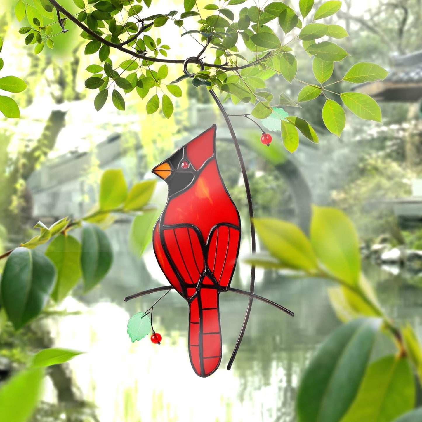 Stained Glass Red Cardinal Memorial Gifts for Women - Handcrafted Stained Glass Suncatcher Window Hanging, Red Cardinals on a Branch for Bird Lover, Bird Decor Gift for Mom