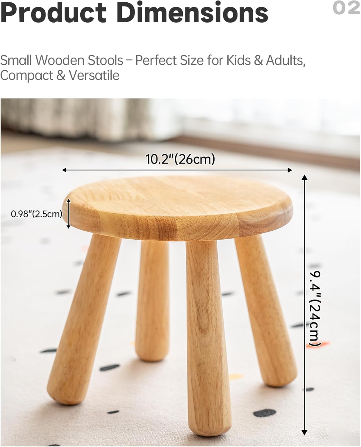 Small Solid Wood Stool, 10" Round Wooden Step Stool for Kids & Adults,