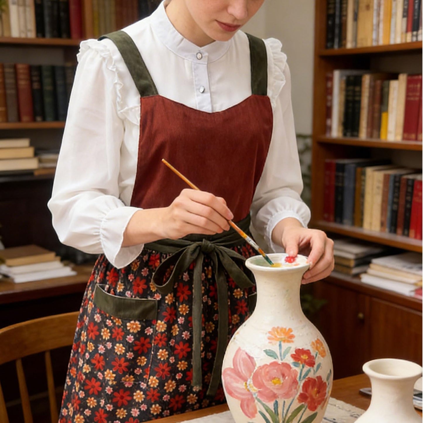 Uaussi Pinafore Apron Dress for Women Adjustable Floral Work Aprons fo