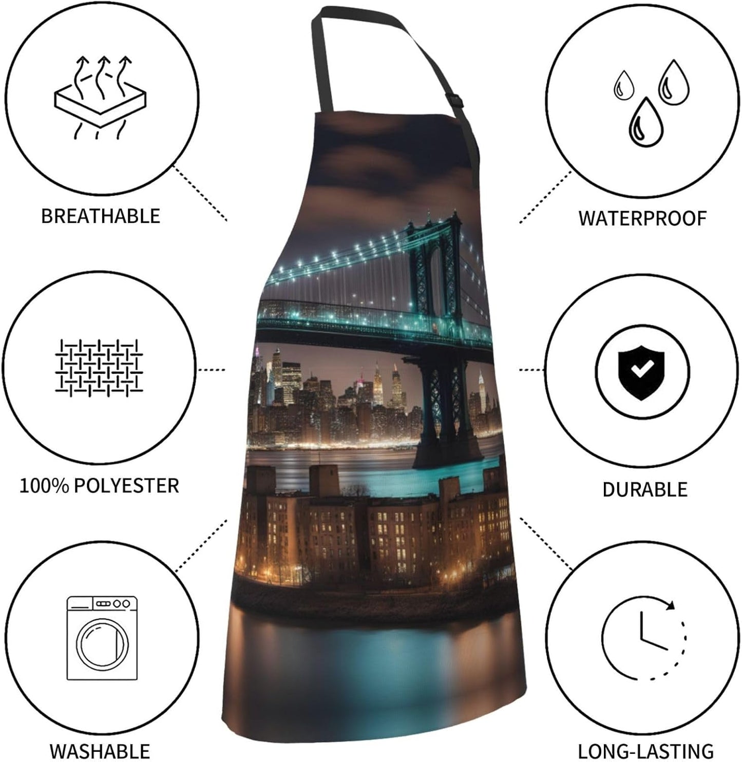 New York Manhattan Bridge Night print Waterproof chef's apron with pocket apron for kitchen cooking baking barbecue and gardening