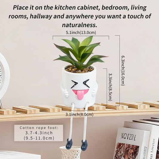 Fake Plant Mini Potted Succulents with Hanging Leg White Cute Pot Creative Artificial Succulent Plants in Funny Pot Faux Succulents for Home Office Shelf Desk Decor and Gift Choice