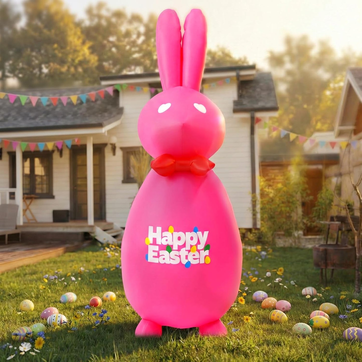 6FT Easter Inflatable Bunny Outdoor Decoration, Giant Pink Blow Up Rabbit with LED Lights, Easter Yard Decor for Lawn Garden Patio, Holiday Party Inflatables with Stakes & Tethers