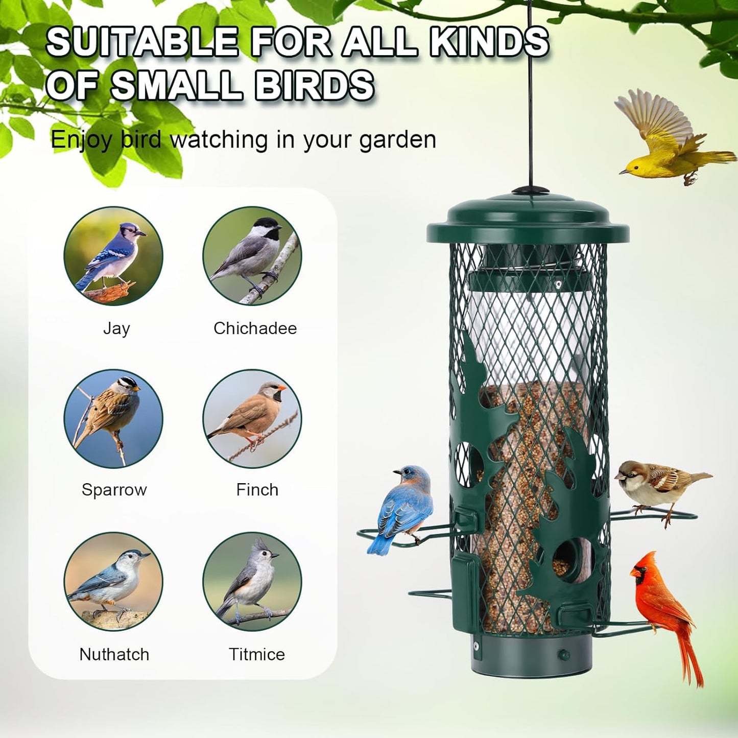 Squirrel Proof Bird Feeder for Outdoors Hanging, Metal Mesh Bird Feeder for Outsides with Gravity Protection for Small Birds, Weatherproof and Durable, Green