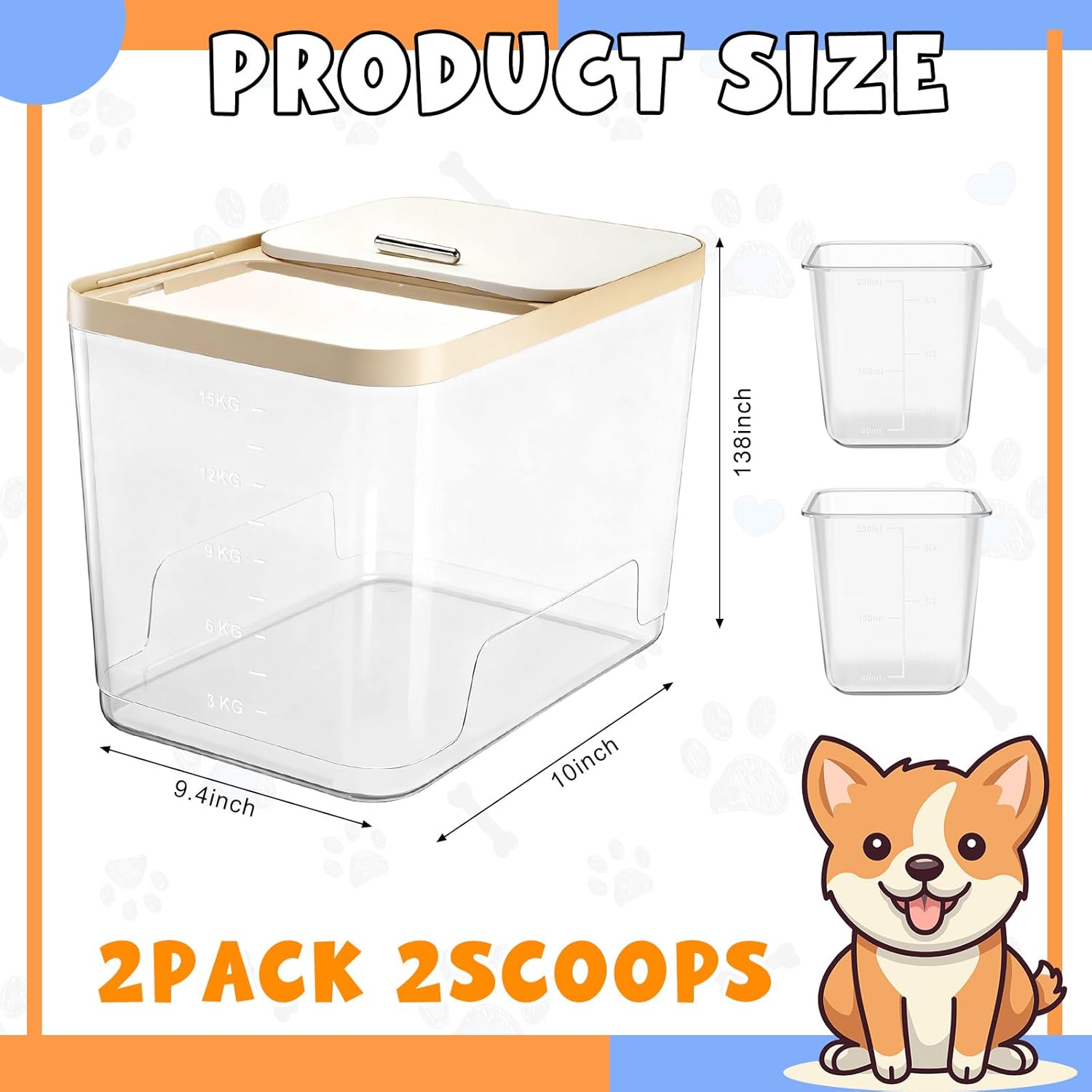 2 Pack 30 Lbs Airtight Dog Food Storage Container with 2 Scoops, Clear